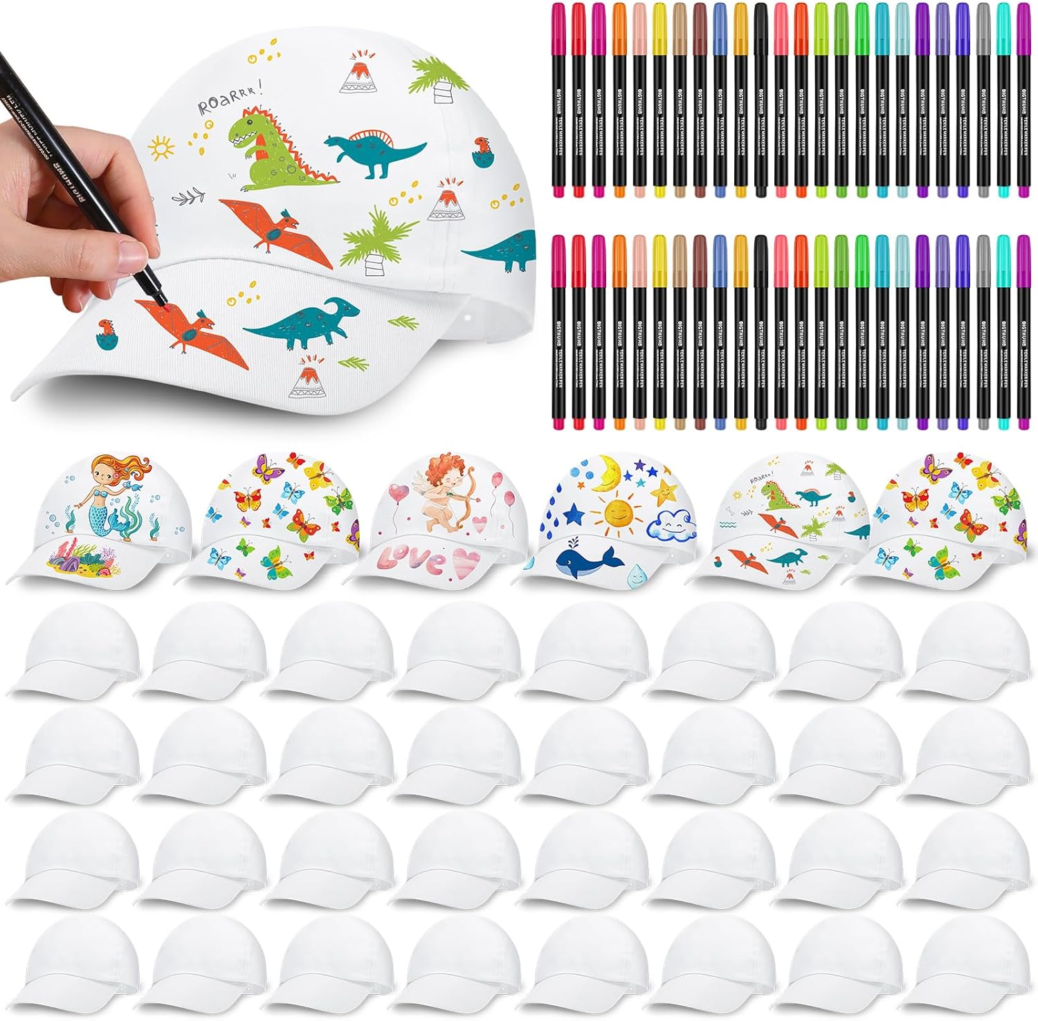DIY White Baseball Cap Bulk for Kid Blank Adjustable Back to School Baseball Hat with 24 Color Fabric Markers