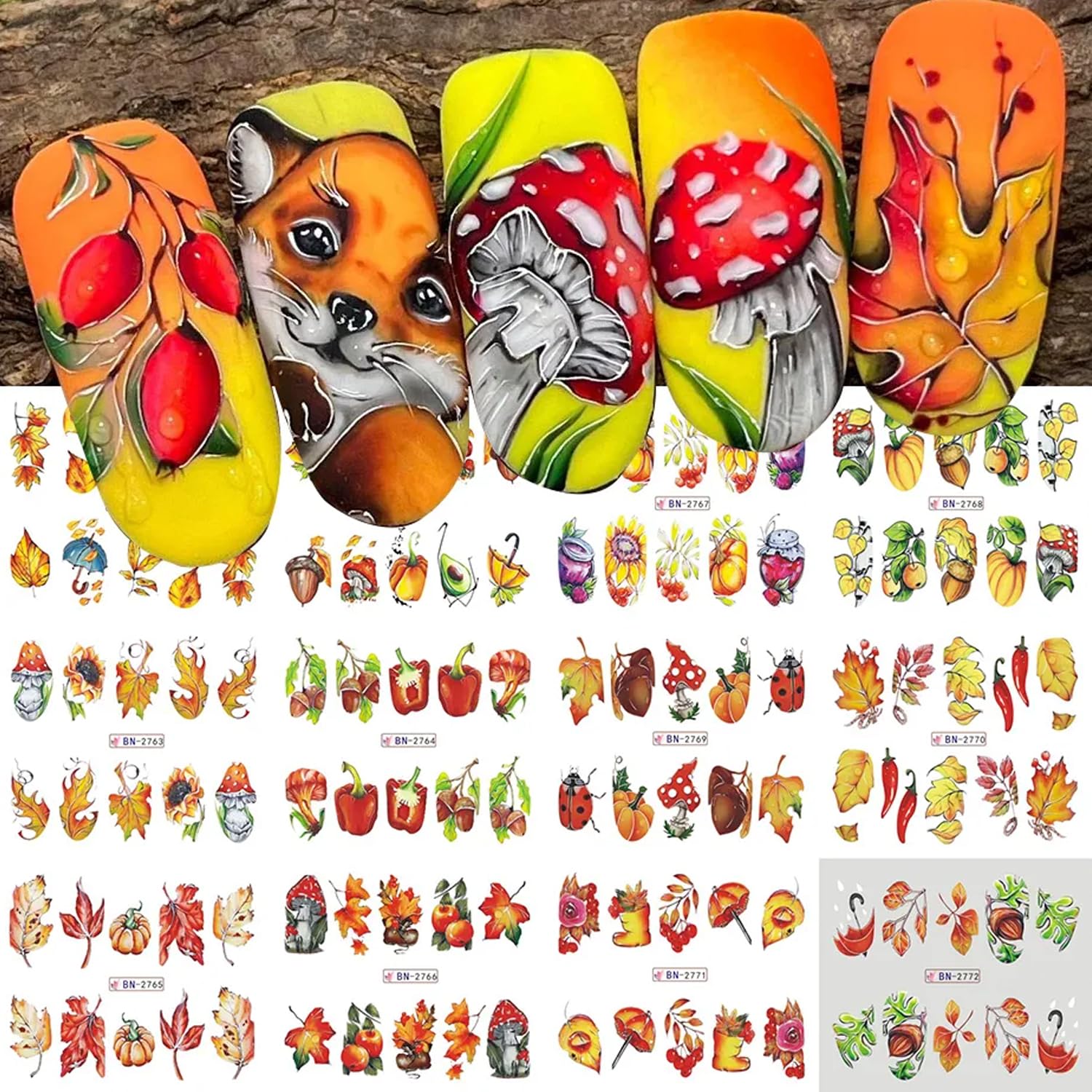 Fall Nail Art Sticker Maple Leave Water Transfer Nail Stickers Decals Pepper Maple Leaf Jam Mushroom Nail Design Autumn Nail Art Decoration for Women Girls Thanksgiving Nail Supplies