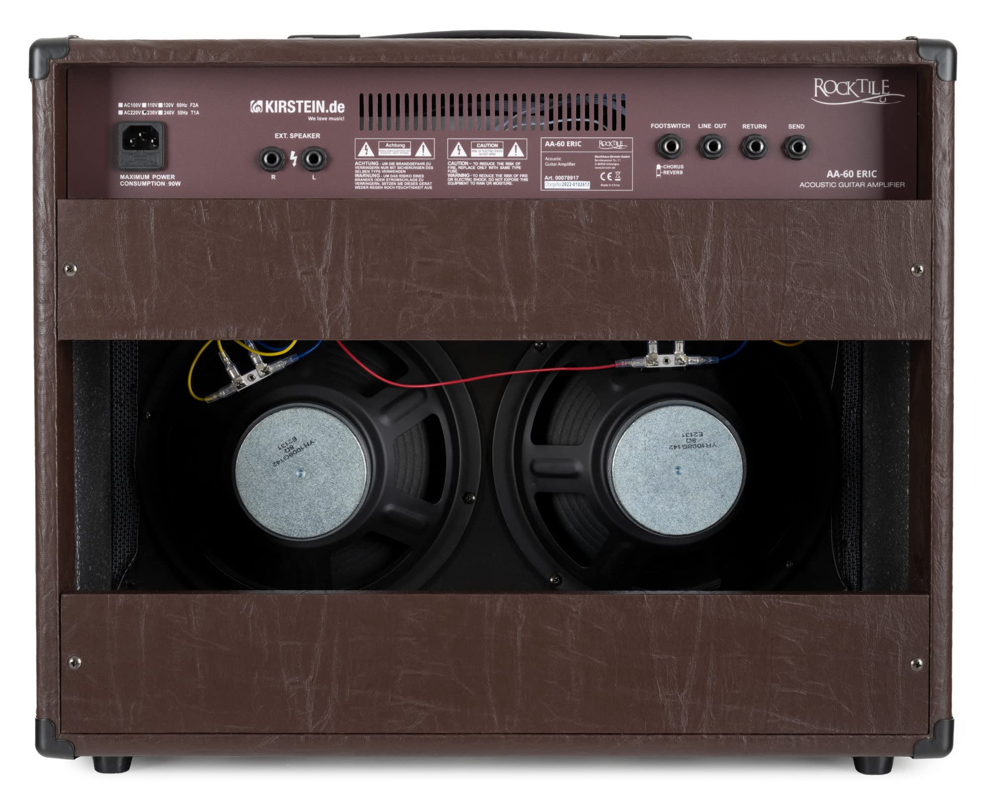 Rocktile AA-60 BN Eric Akustikverstärker - 60 Watt - 2 Kanäle (Mikrofon und Gitarre) - 2X 10 Speaker + 2,5" Hochtöner - AUX-Eingang und Line Out - Chorus- und Hall-Effekt - Braun