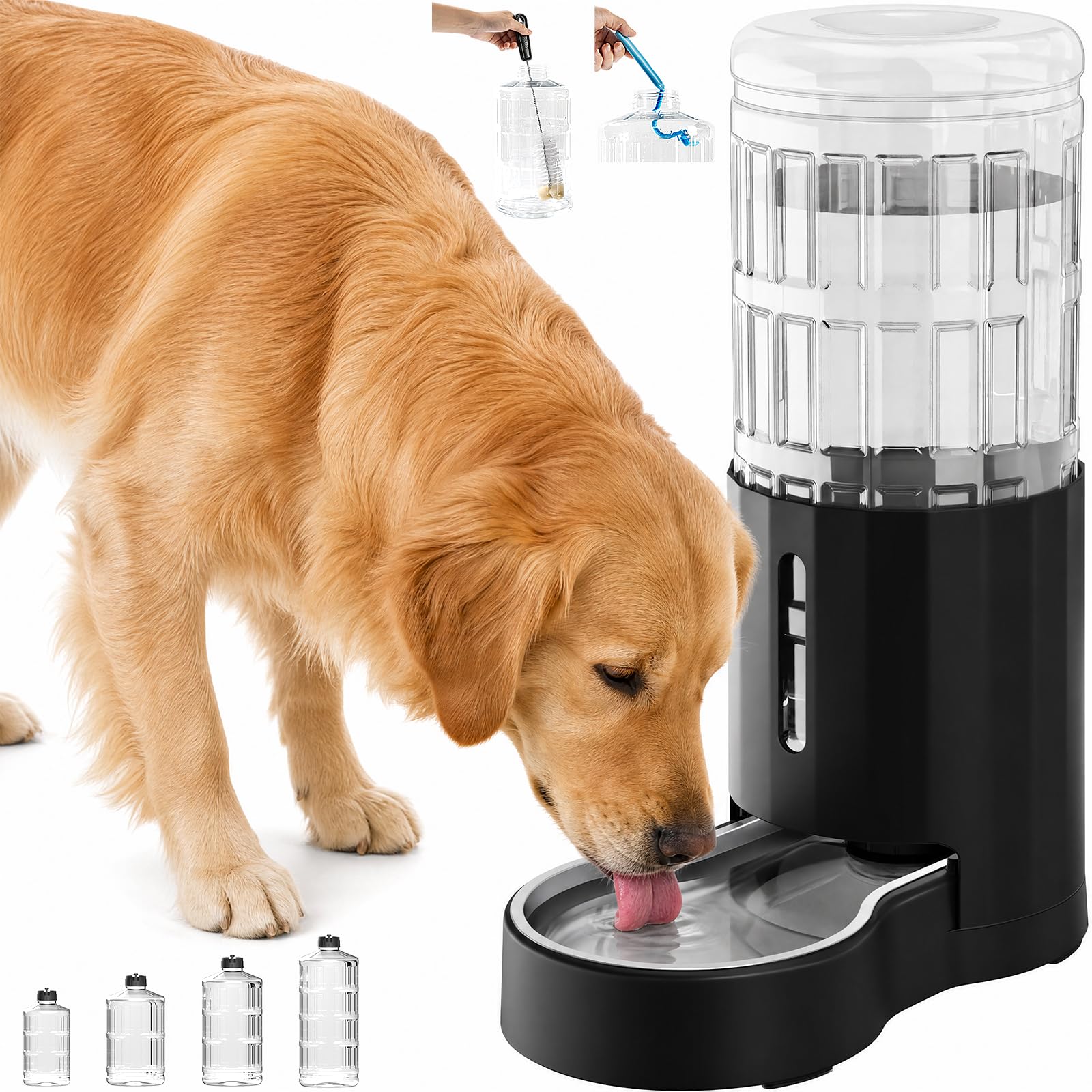 CZPET Dog Water Bowl Dispenser 9.5L, Wider Mouth & Upgraded Brush, Easy Cleaning Automatic Cat Gravity Refilling Waterer with Removable Stainless