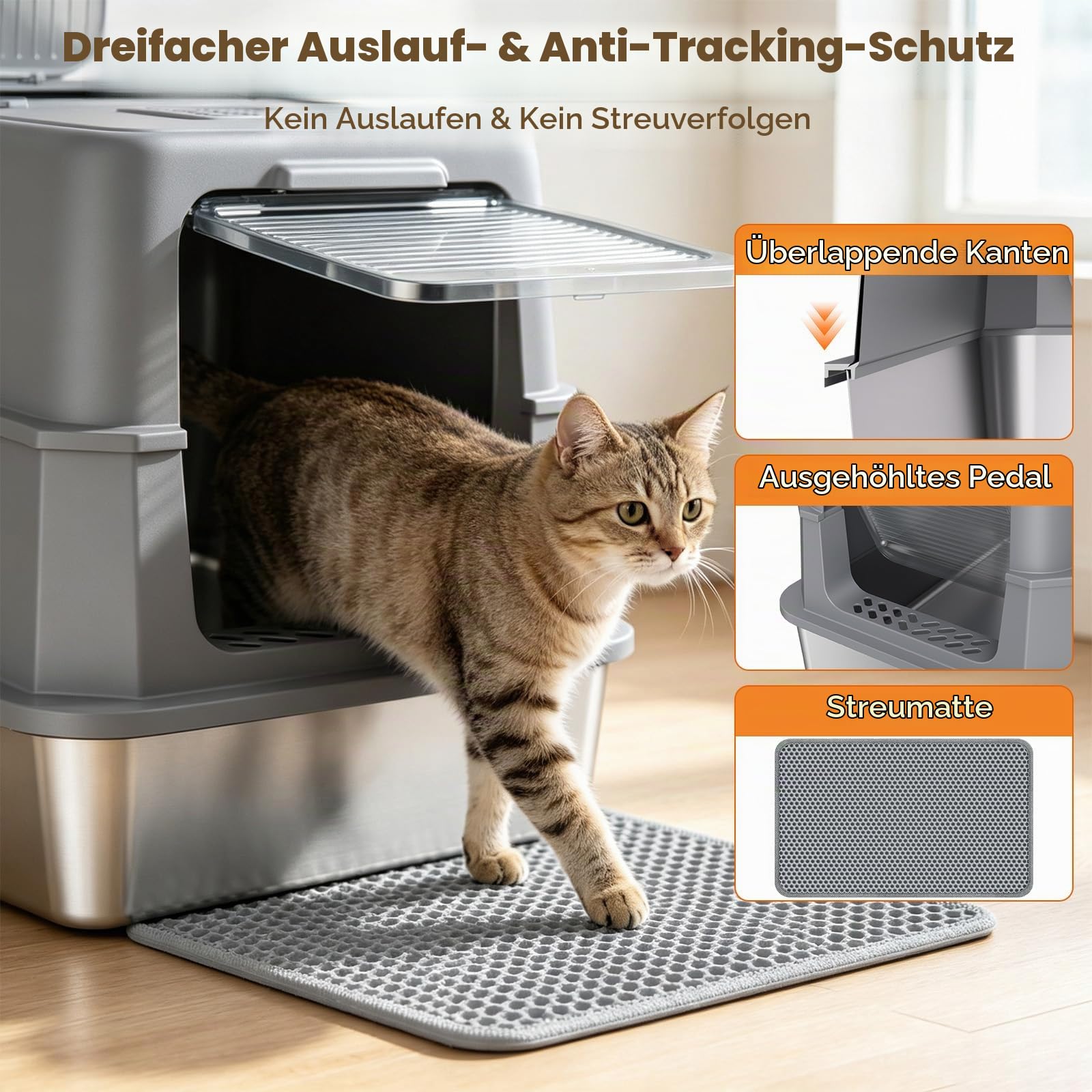 Edelstahl-Katzentoilette mit Deckel – hohe Seitenwände, geschlossene Metallwanne, Kratzfest & urindicht, antihaftbeschichtet, aufklappbare Front & Einstieg von Oben, inkl. Matte & Schaufel
