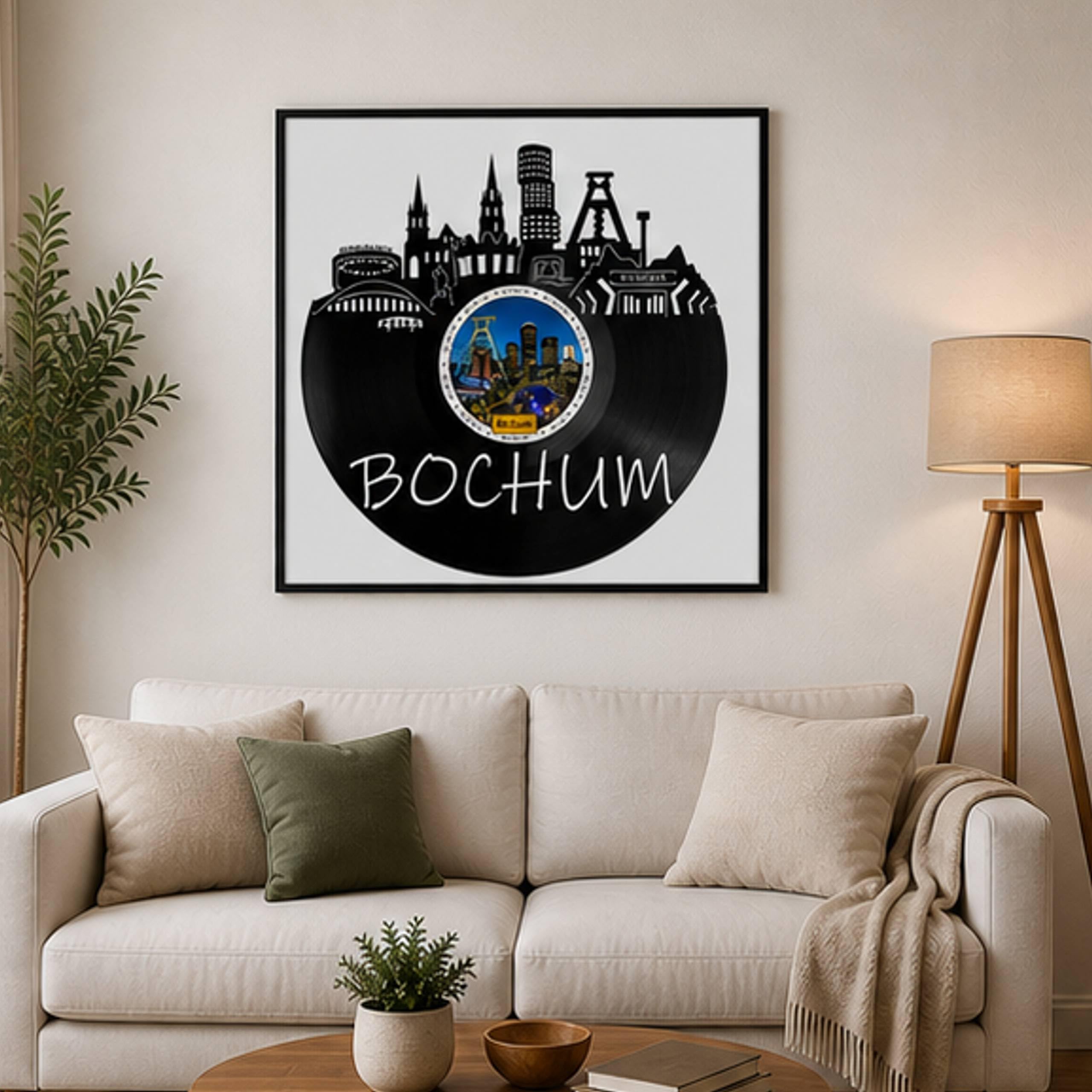 EVEVO Decorazione da parete in vinile, con cornice, 32 x 32 cm, Bochum, arte da parete in vinile, skyline di Ruhrpott, regalo per gli appassionati di Bochum e gli amanti delle miniere