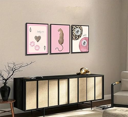 Miniatura 3 de 3 Pcs Trendy Pink Preppy Leopard Wall Art Lucky 8 Ball Playing Card Painting Picture Wall Decor Pink Coquette Funky Cheetah Poster Print Artwork for