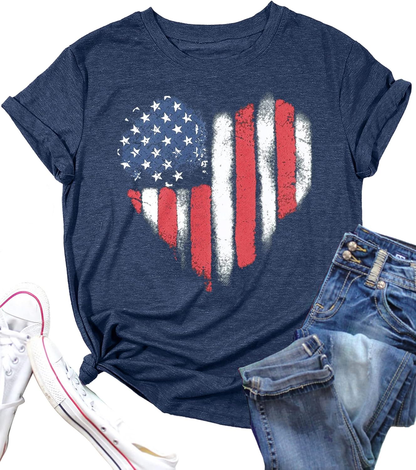 VVNTY American Flag Heart Shirt Women Patriotic T-Shirt 4th of July Graphic Tees Shirts USA Flag Star Stripe Tops