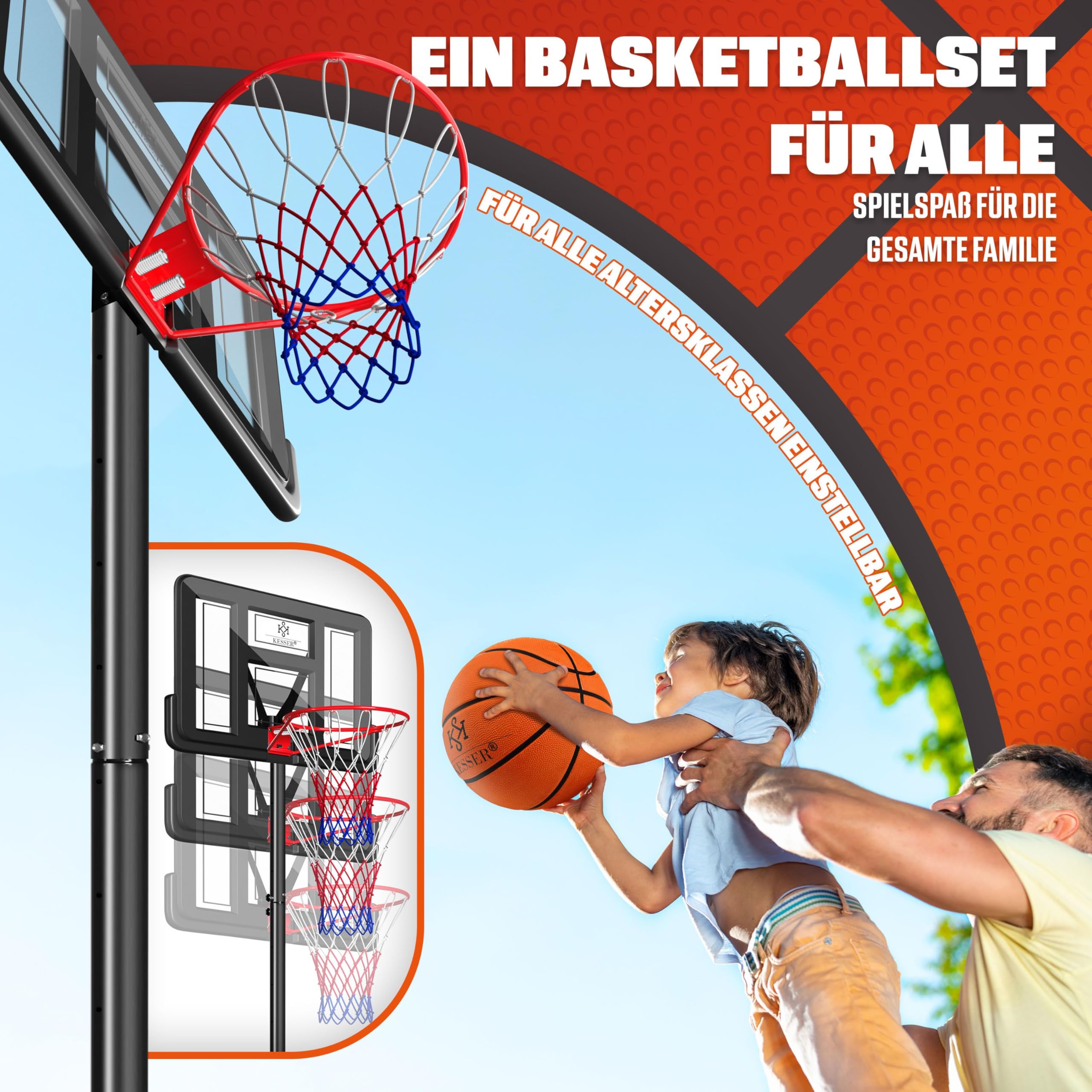 KESSER Basketballkorb Set höhenverstellbar mobiler Basketballständer mit Rollen Backboard Basketball Pumpe 2 Netzen Indoor Outdoor