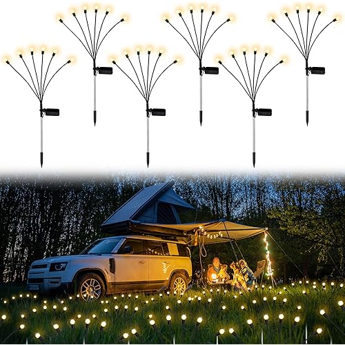 6 Pack 36 LED Solar Firefly Lights Outdoor Solar Powered Firefly Lights Waterproof Landscape Pathway Lights Swaying Decorative Warm Lights with Stake for Yard Patio Decor