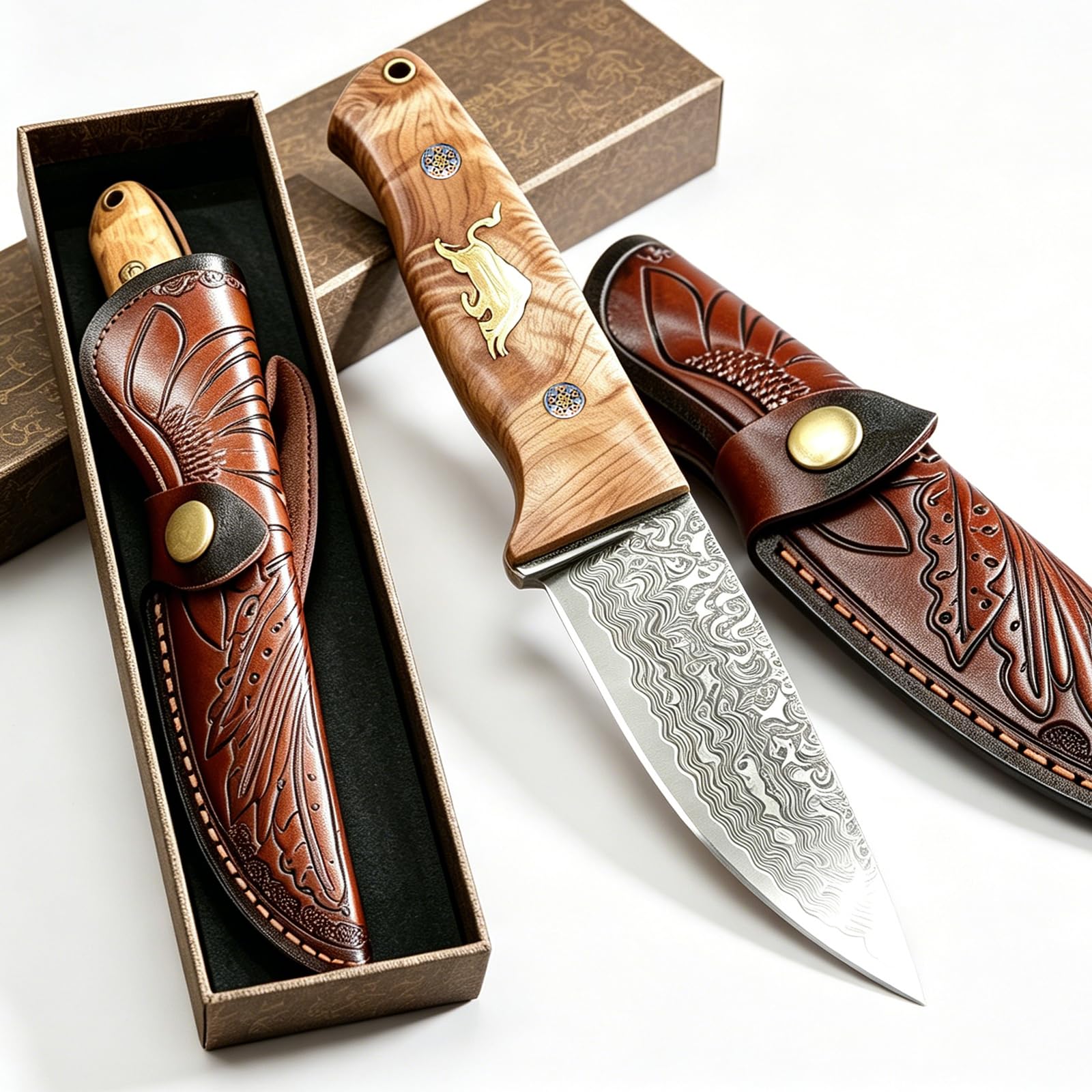 Feststehendes 67-lagiges VG10 Damast Jagdmesser mit Massivholzgriff & Lederscheide, Outdoor Überlebensmesser für Camping Wandern Angeln, Geschenk für Männer