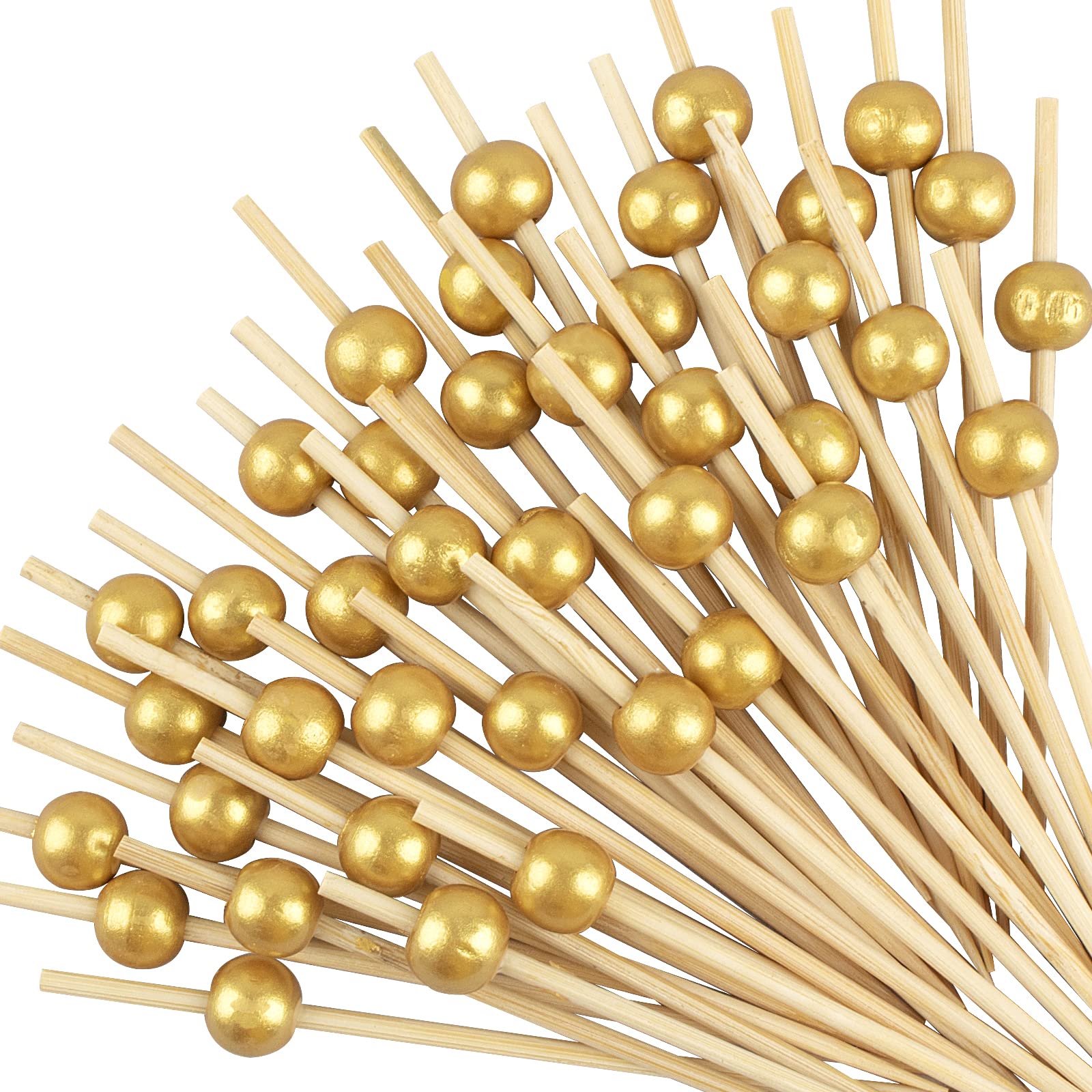 Cocktail Picks - 100 Counts Gold Decorative Toothpicks for Appetizers, 4.7 inch Long Fancy Bamboo Skewers Wooden Sticks for Food and Drinks, Charcuterie Accessories Party Decorations