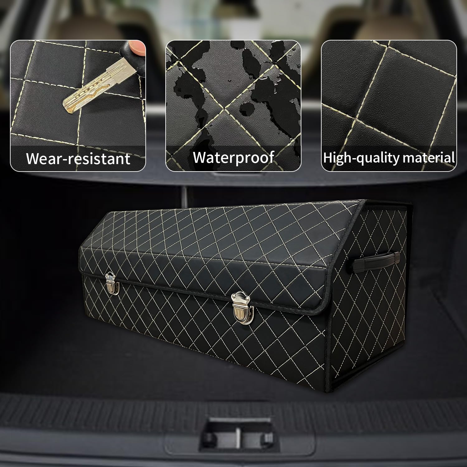 Organizador de maletero de coche con tapa, caja de almacenamiento plegable de piel sintética, 3 compartimentos, plegable multifuncional para SUV, sedán, maletero de vehículo