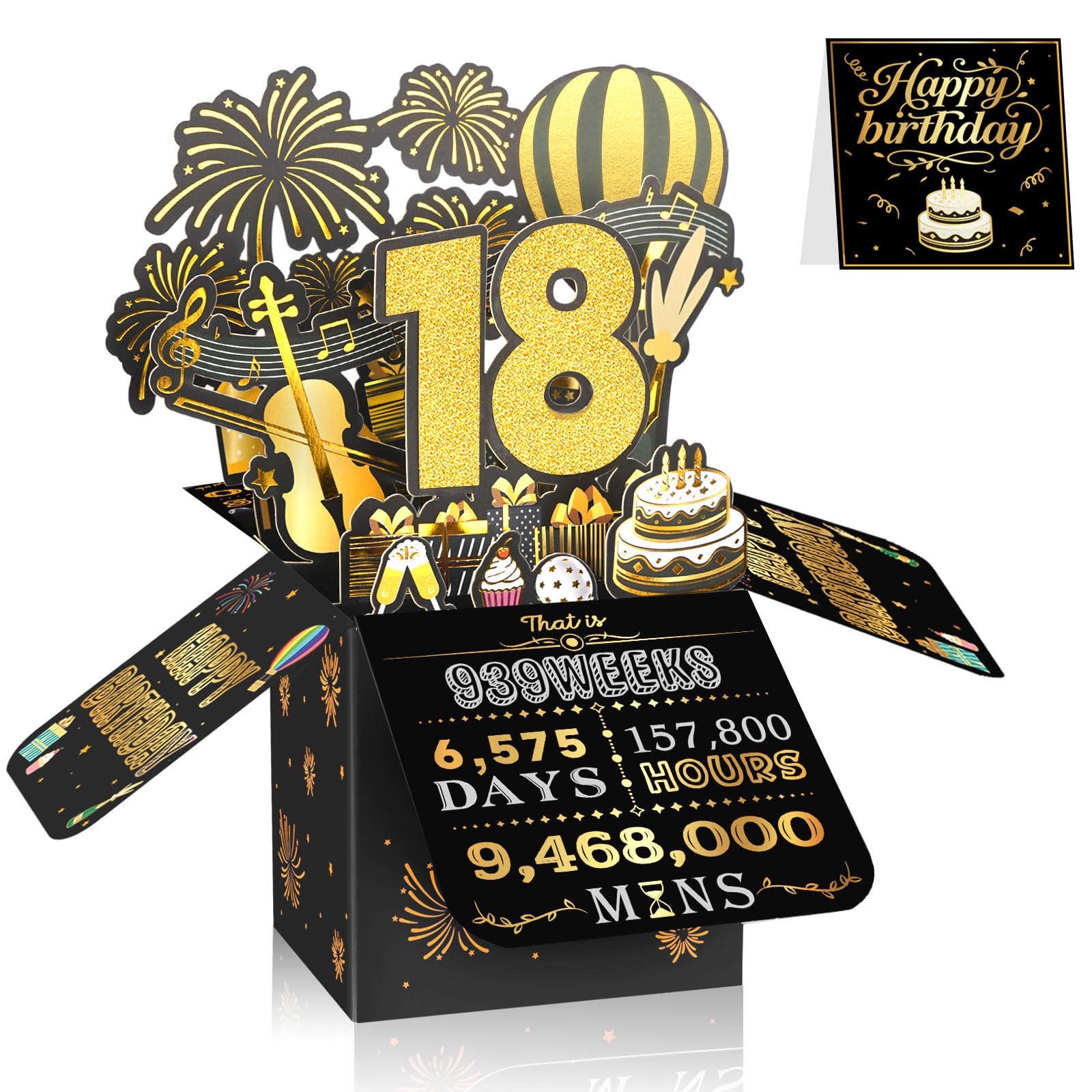 18th Birthday Card for Men & Women, 3D Pop Up Birthday Greeting Card, Black & Gold 18 Years Old Birthday Decorations & Gifts for Him or Her, Ideal for Son, Daughter, Sister, and Special Cousin