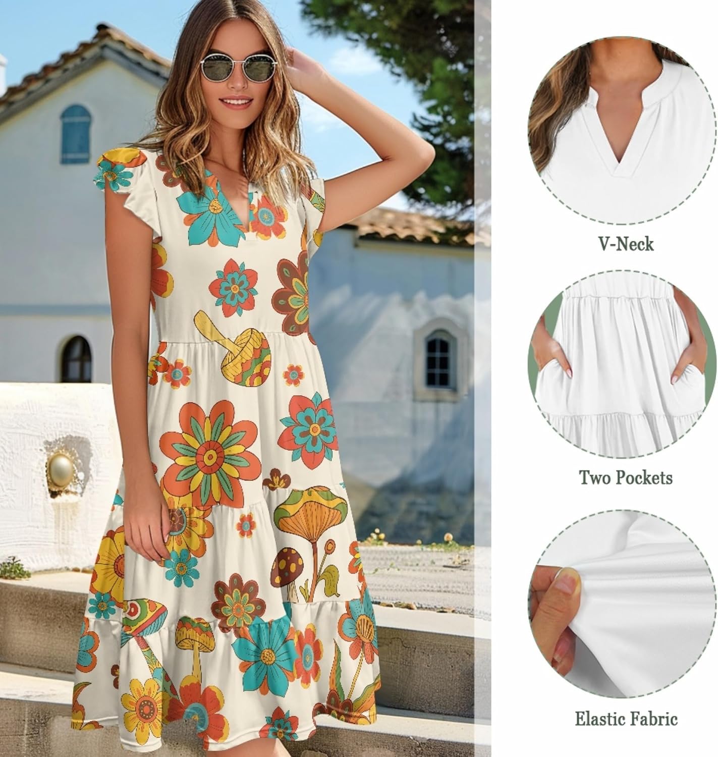 Pinupub Summer Swing Midi Dresses for Women Elegant Flowy V Neck Flutter Sleeve Tiered Dress Casual Party Sundress