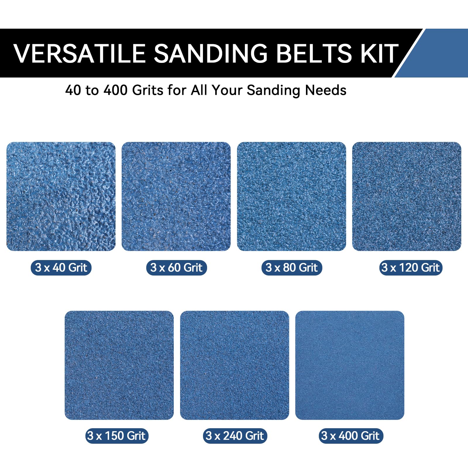 Nastri abrasivi da 7 x 53 cm, 21 pezzi, 7 grana (3 per ogni grana 40/60/80/120/150/240/400) Heavy Duty Levigatrice a nastro in zirconia per legno, metallo, acciaio inossidabile, auto e mobili