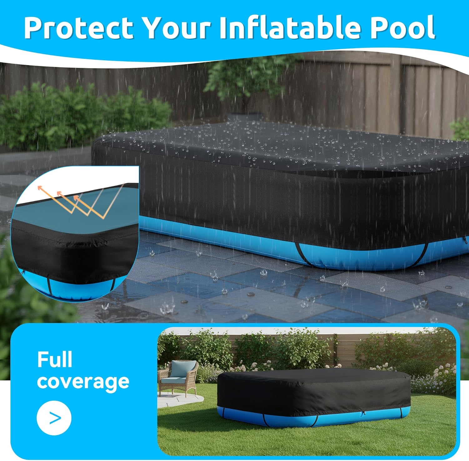 Inflatable Pool Cover, Rectangular Pool Covers Fits Blow Up Pool Size 120" x 72" W for Above Ground Swimming Pools, 10' x 6' Outdoor Swimming Pool Cover Built-in Elastic Band and Extra Buckle, Black