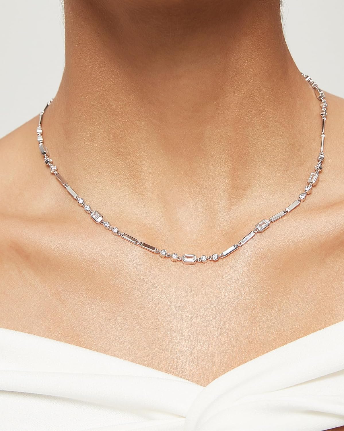 TIGRADE Silver Chain Necklace for Women Dainty Rectangular Round Emerald Bezel CZ Anniversary Wedding Necklace Extenders Link with Lobster Clasp 16 Inch - Image 4