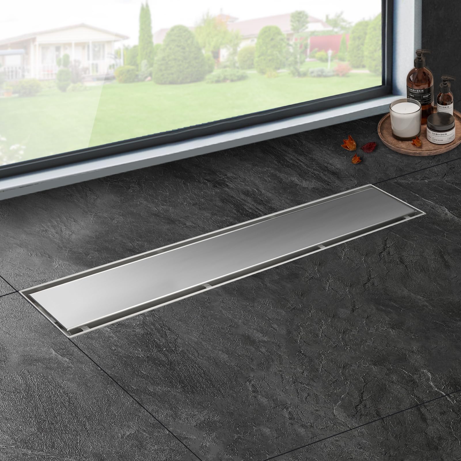 iYueMps Linear Shower Drain 800mm/31inch 360 ° Rotatable 2-in-1 Double-Sided Tile Insert Stainless Steel Invisible Bathroom Floor Drain Set including Odor Stop and Hair Strainer
