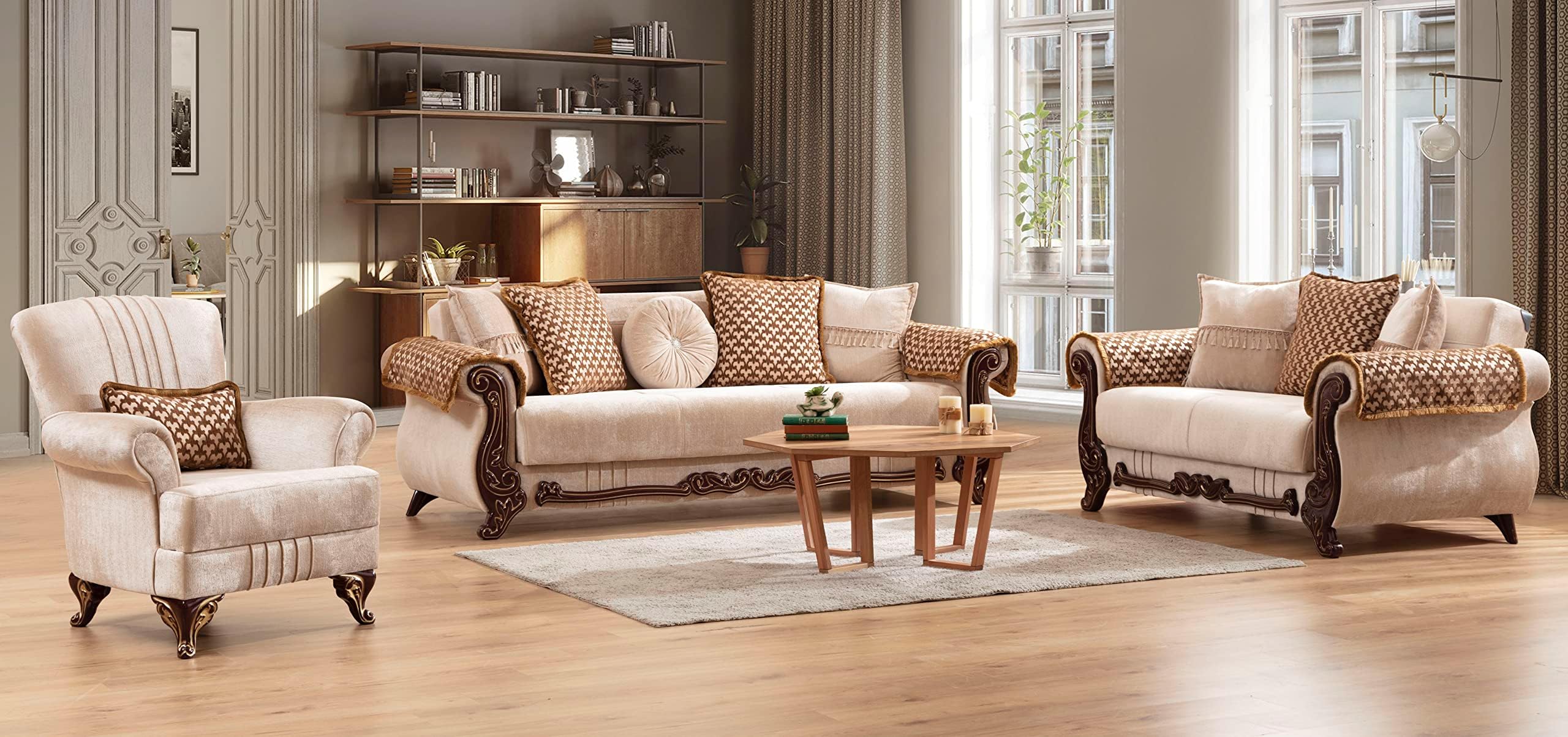 Traditional Style 3 Pc Living Room Set Made with Chenille Upholstery Wood in Beige Color