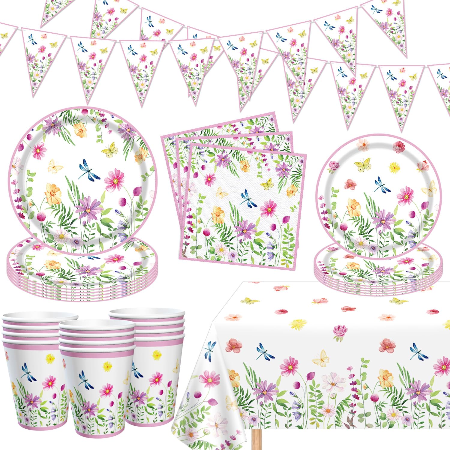 83 Pack Spring Flower Party Supplies Floral Paper Plates Banner Tablecloth Napkins Wildflower Baby Shower Birthday Tableware Decorations for Spring Picnic Wedding Tea Party Serves 20