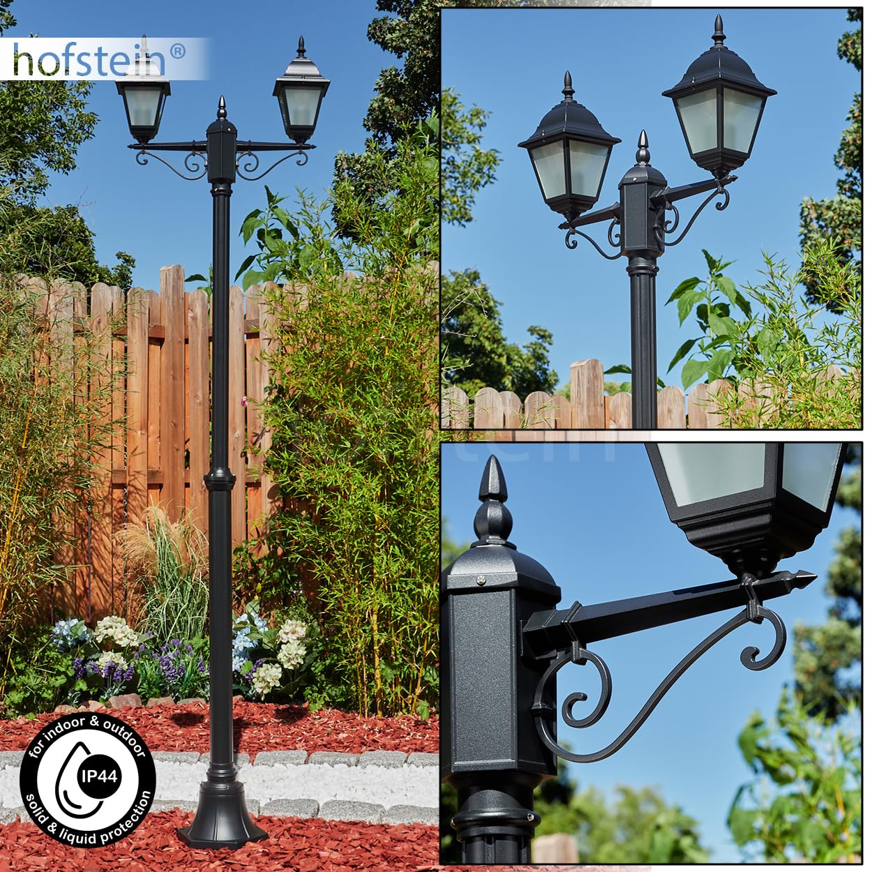 Lampa zewnętrzna Naofe, oświetlenie ścieżki z metalu/szkła w kolorze czarnym/mlecznym szkłem, kandelabr o antycznym wyglądzie, wysokość maks. 220 cm, oświetlenie ogrodowe IP44, 2 x E27, bez żarówki