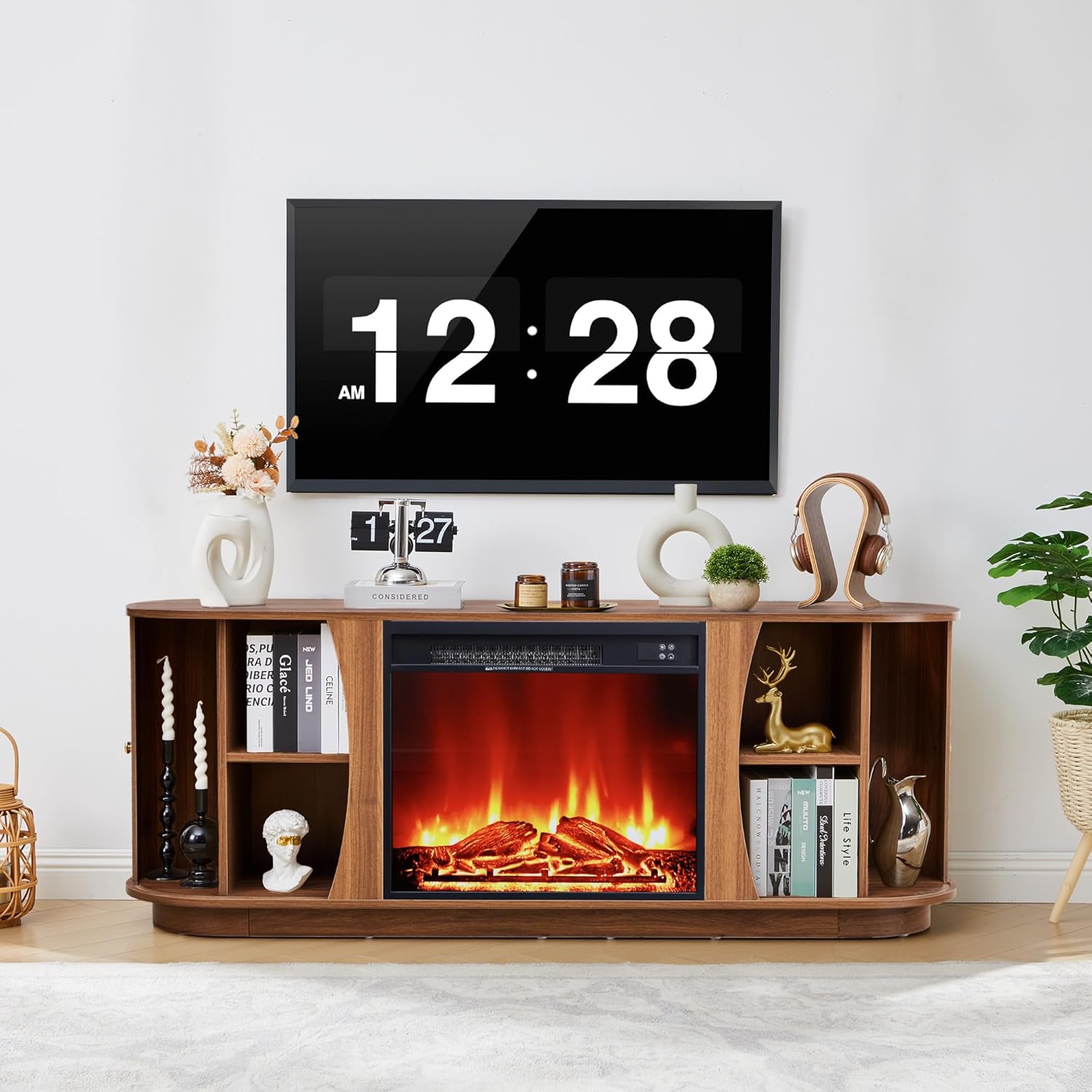 63" Fireplace TV Stand for TVs Up to 70" with 23" Electric Fireplace, Mid-Century Modern Fluted TV Media Console Table with Storage and Shelf, Curved Edge Entertainment Center for Living Room(Brown)