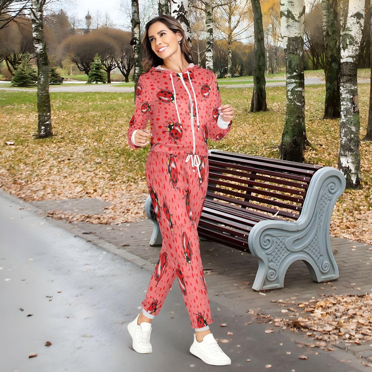 Conjunto deportivo de 2 piezas para mujer, diseño de mariquitas rojas, conjunto deportivo de manga larga, lunares rosados