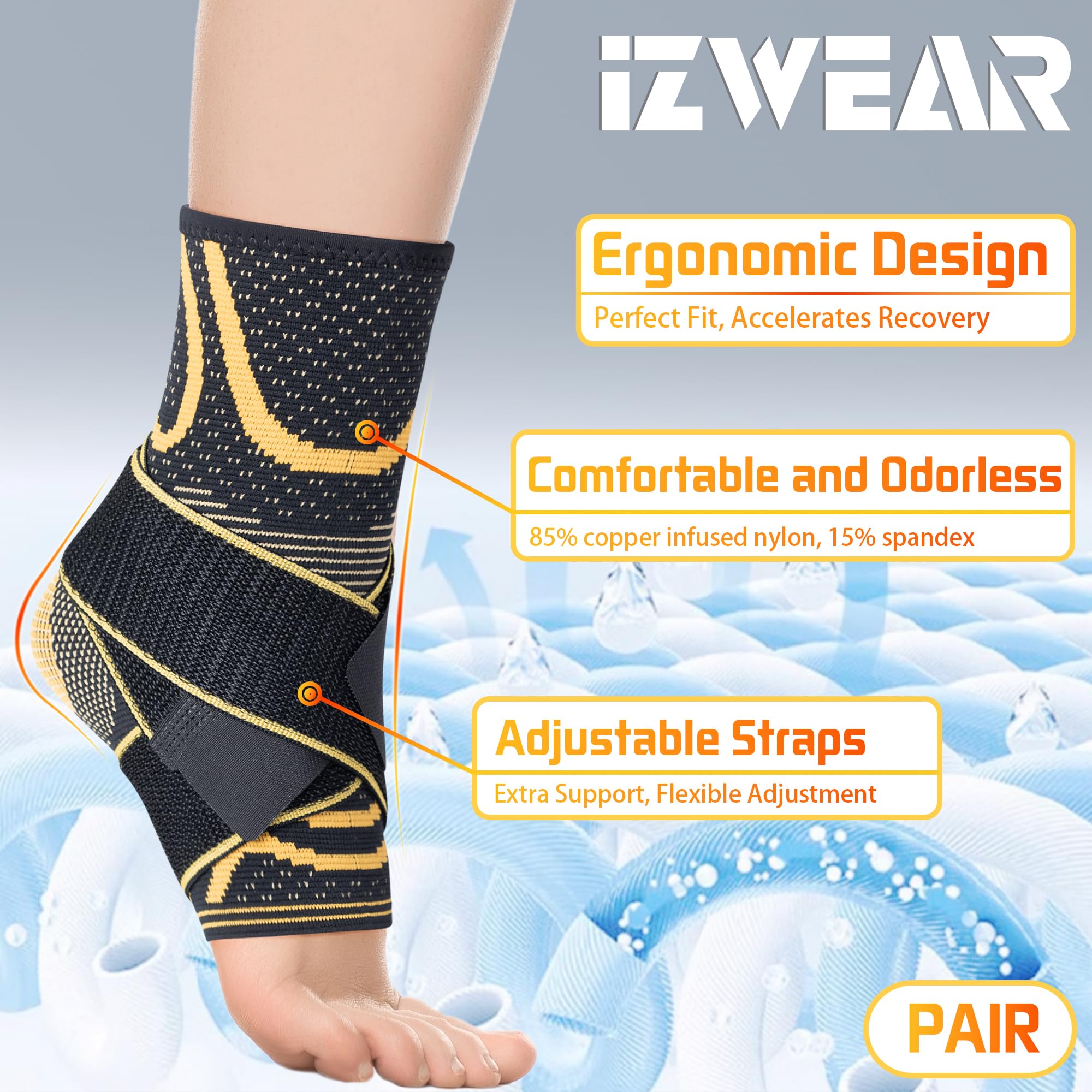 IZWEAR Ankle Brace with Straps (PAIR) for Plantar Fasciitis and Sprained Ankle, Ankle Sleeve for Achilles Tendonitis, Pair of Copper Infused Ankle Compression Support for Men&Women