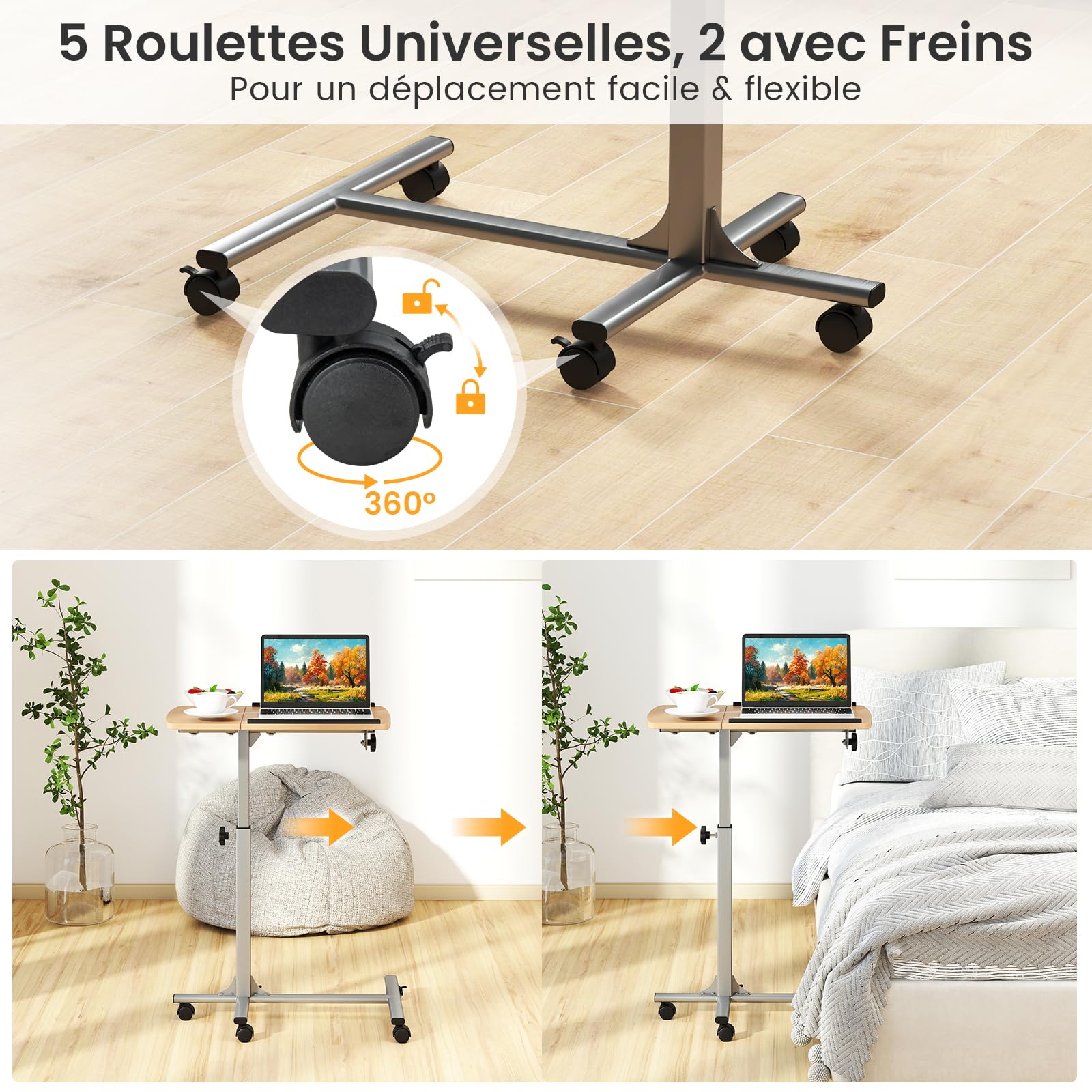 GYMAX Bureau Debout d'Ordinateur Portable, Tablette Inclinable, Hauteur Réglable 61-91cm, Bureau en Forme de C pour Lit Canapé, Gain de Place, pour Hôpital, Salon, Chambre