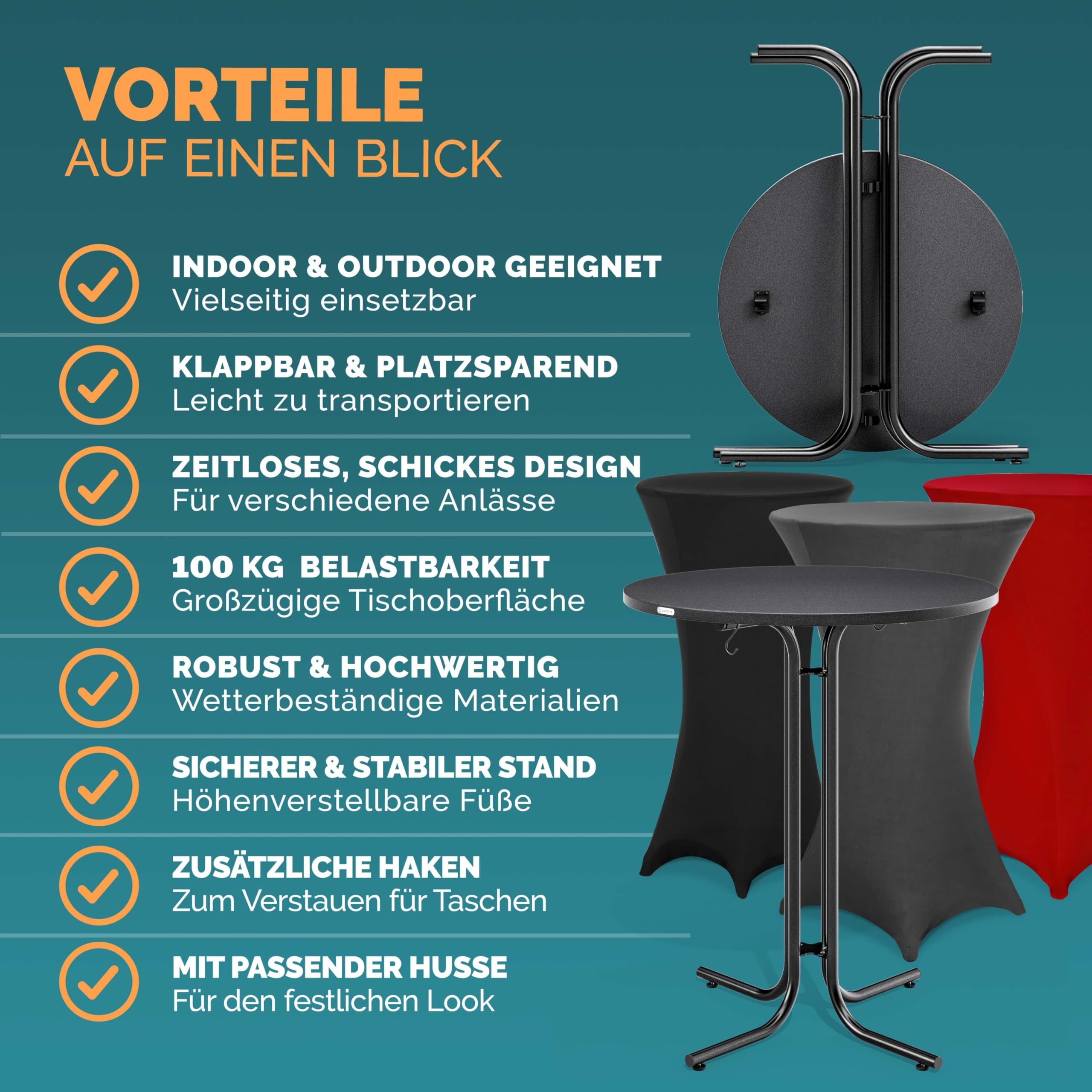 Casaria® Stehtisch mit Husse 70 cm Klappbar Schwarz Rund Holz Metall Pulverbeschichtet Wetterfest Hoch Set Bistrotisch Bartisch Garten Party Tisch