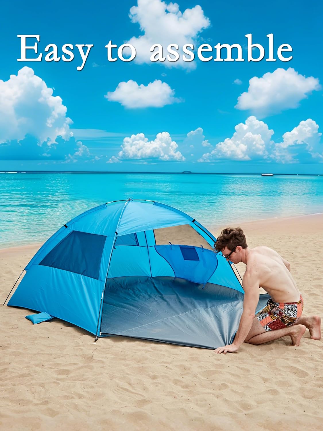 Easy Set-Up Beach Tent - UPF 50+ Sun Shelter for Family (2-3 Person), Portable Instant Sun Shade with 3 Mesh Windows, Windproof Stakes & Storage Pockets, for Beach, Camping, Picnics - Image 2