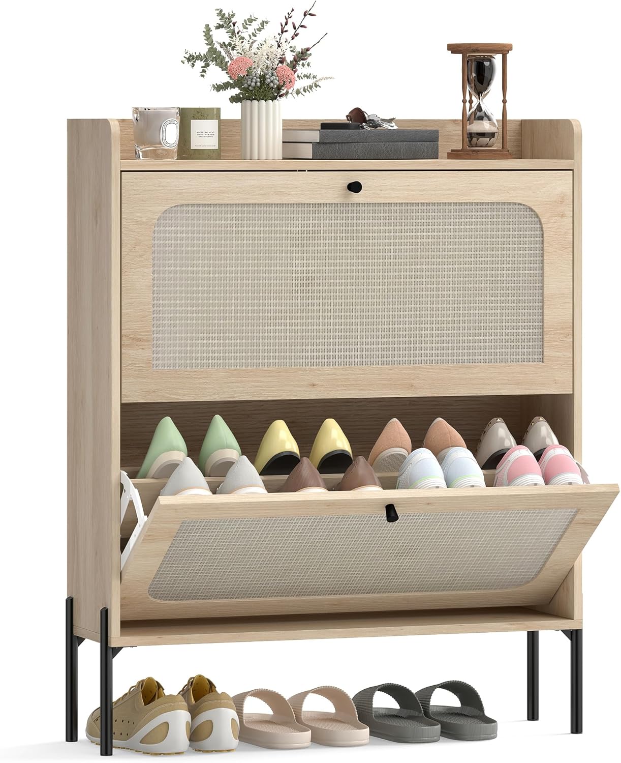 HOMCOM Shoe Cabinet with 2 Flip Drawers, Narrow Shoe Storage Cabinet with Adjustable Shelves, Raised Tabletop, Rattan Accent, Boho Storage Organizer for Entryway, Hallway, Holds 12-16 Pairs, Oak