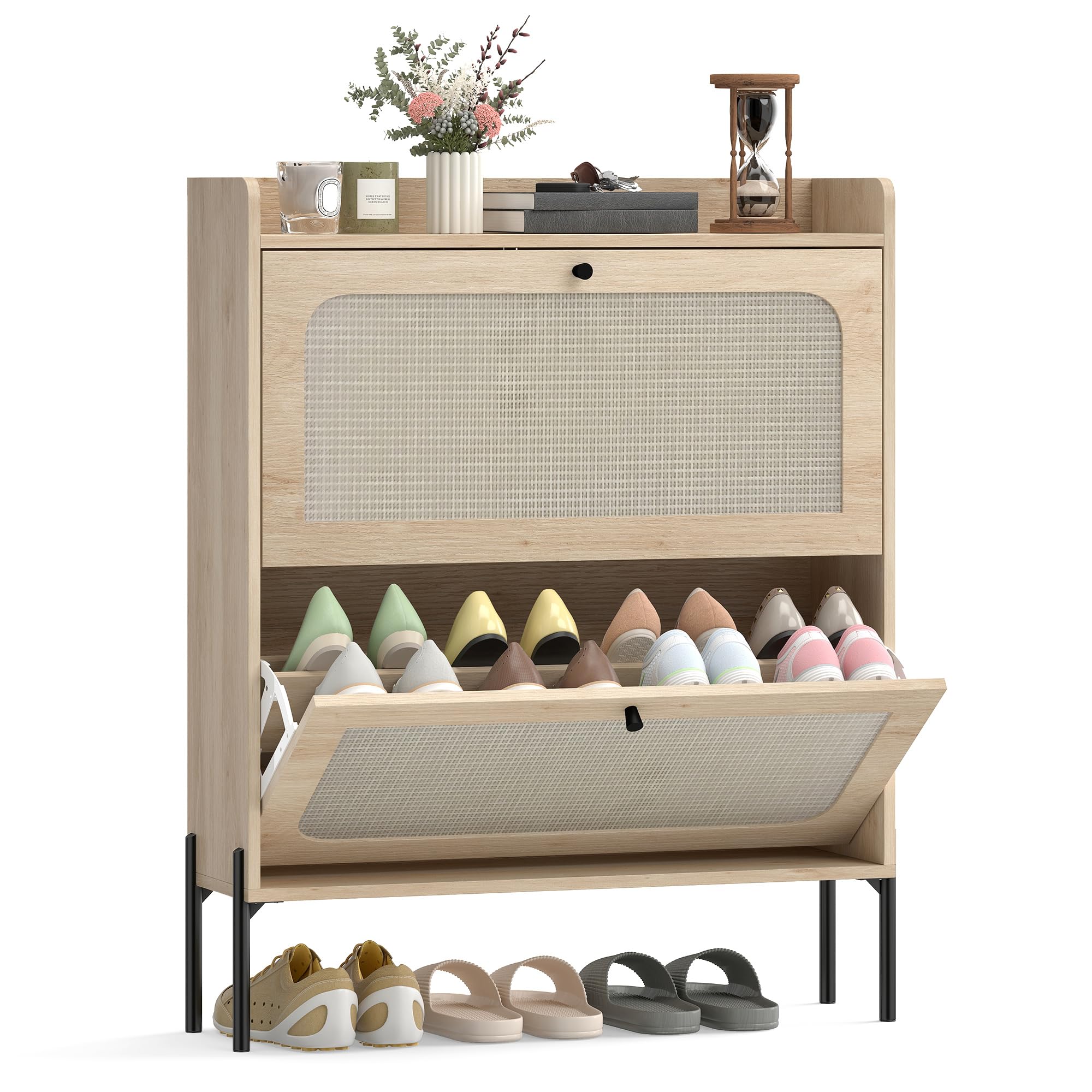 HOMCOM Shoe Storage Cabinet with 2 Flip Drawers, Narrow Shoe Rack with Adjustable Shelves, Rattan Accent, Boho Storage Organizer for Entryway, Hallway, Holds 12-16 Pairs, Oak