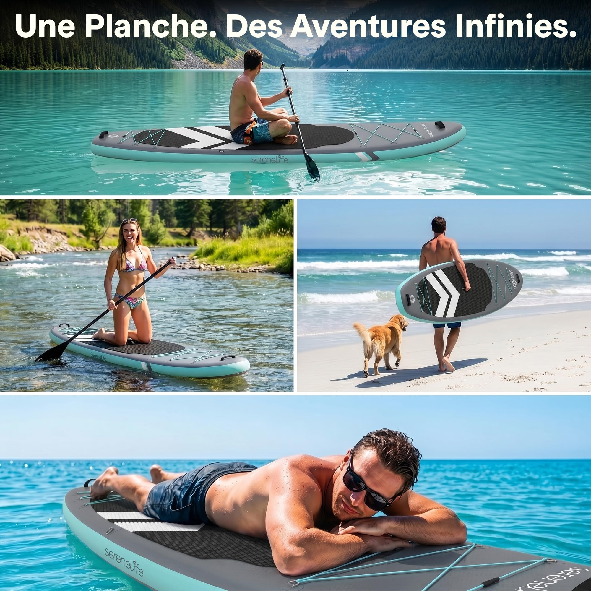 SereneLife Planche de Paddle Gonflable 3,4 m pour Adulte – Stand Up Paddle Sup avec Pagaie Réglable, Pompe à Main, Sac de Transport, Leash de Sécurité et Ailerons Amovibles – Kit Complet