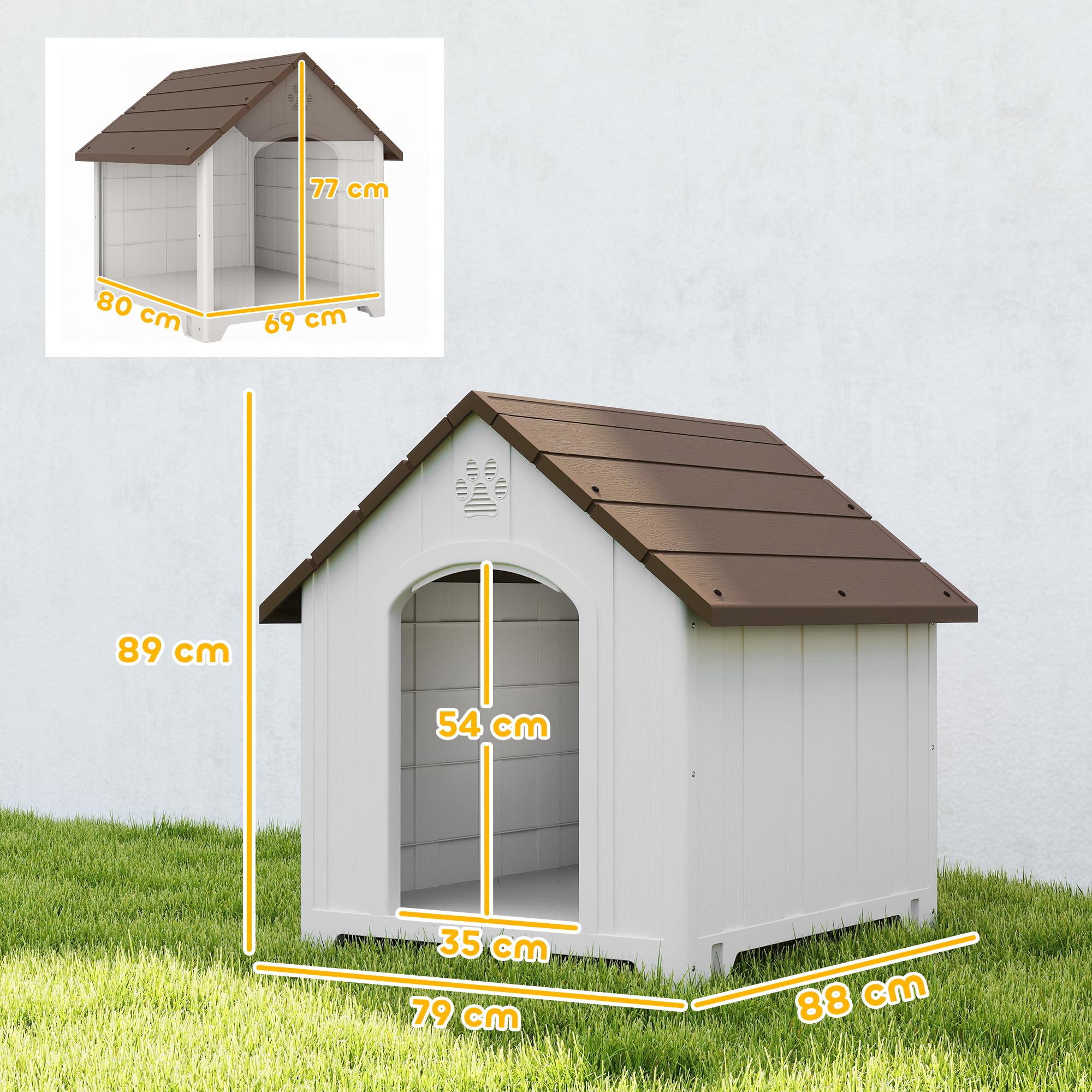PawHut Caseta para Perros Exterior, Casa para Perros Grandes de Plástico Impermeable con 2 Ventanas, Base Elevada, Estacas, Fácil de Montar, 88x79x89 cm, Marrón Oscuro