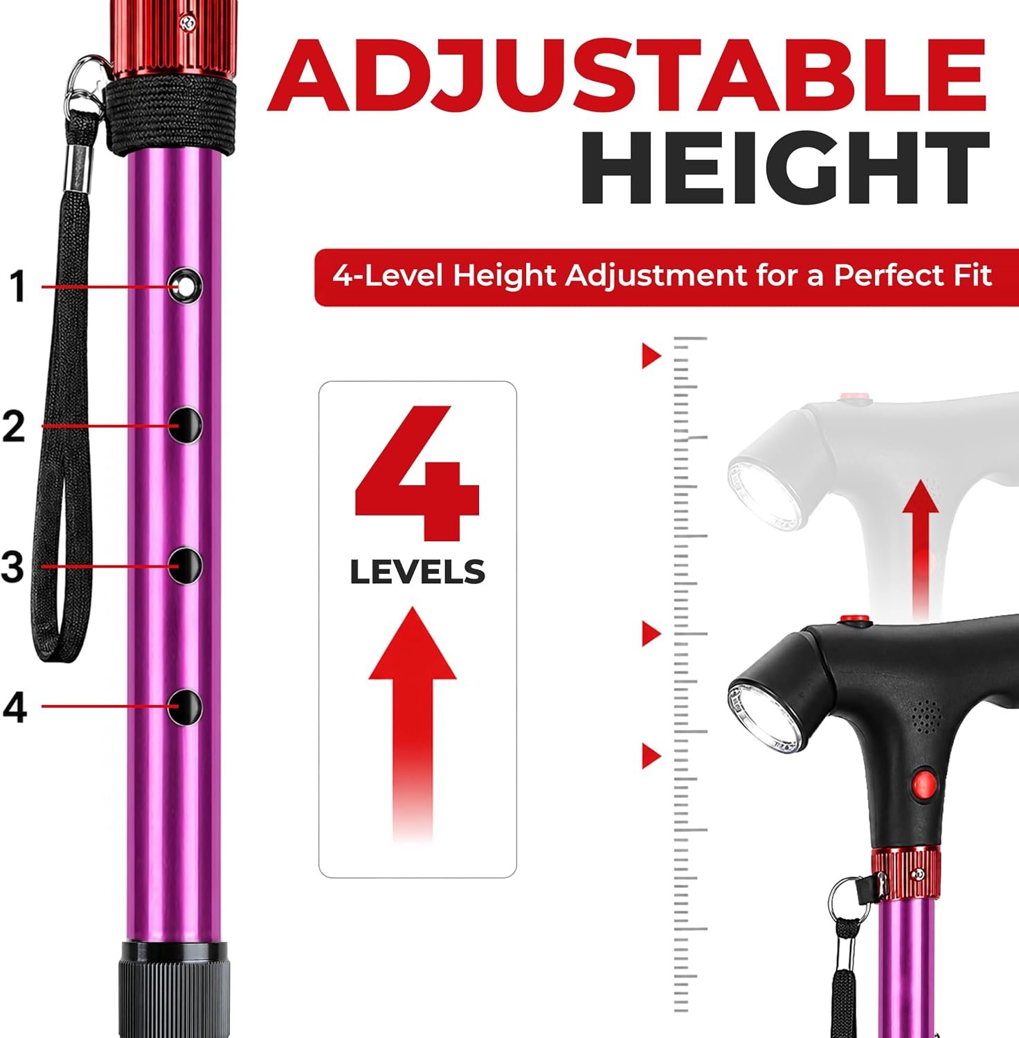 Shop LC Soulsmart Walking Quad Cane for Seniors Adults Men Women | Foldable, LED Light, SOS Alarm, 2 Handles, Adjustable Height, Lightweight Aluminum