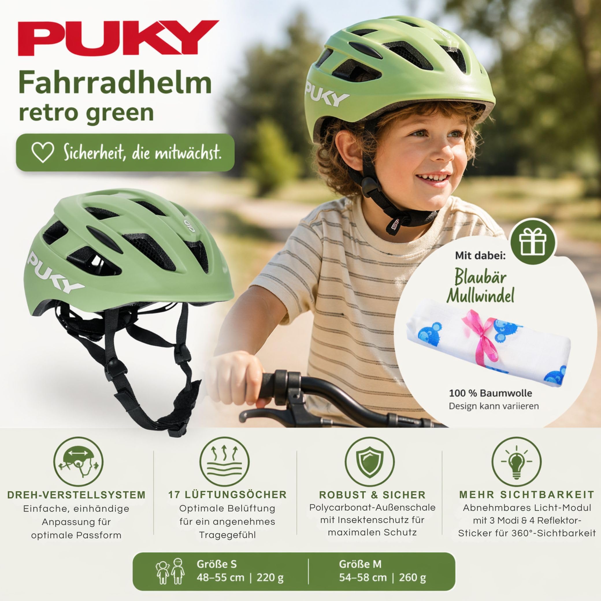 Set Puky Kinder Helm PH 8 PRO grün & Tuch Blaubaer | Fahrradhelm Maximaler Schutz & Belüftung | Leichtgewicht | Sichtbarkeit durch Licht-Modul | Ideal für Sicherheit und Komfort auf dem Fahrrad