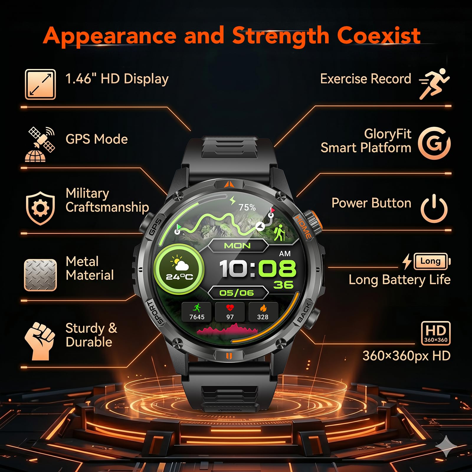 Montre Connectée Homme GPS Smartwatach: 1.46" HD Smart Watch Appel Bluetooth Fréquence Cardiaque SpO2 580mAh Batterie 100+ Modes Sportifs IP68 Etanche Surveillance Santé Torche LED pour iOS e Android