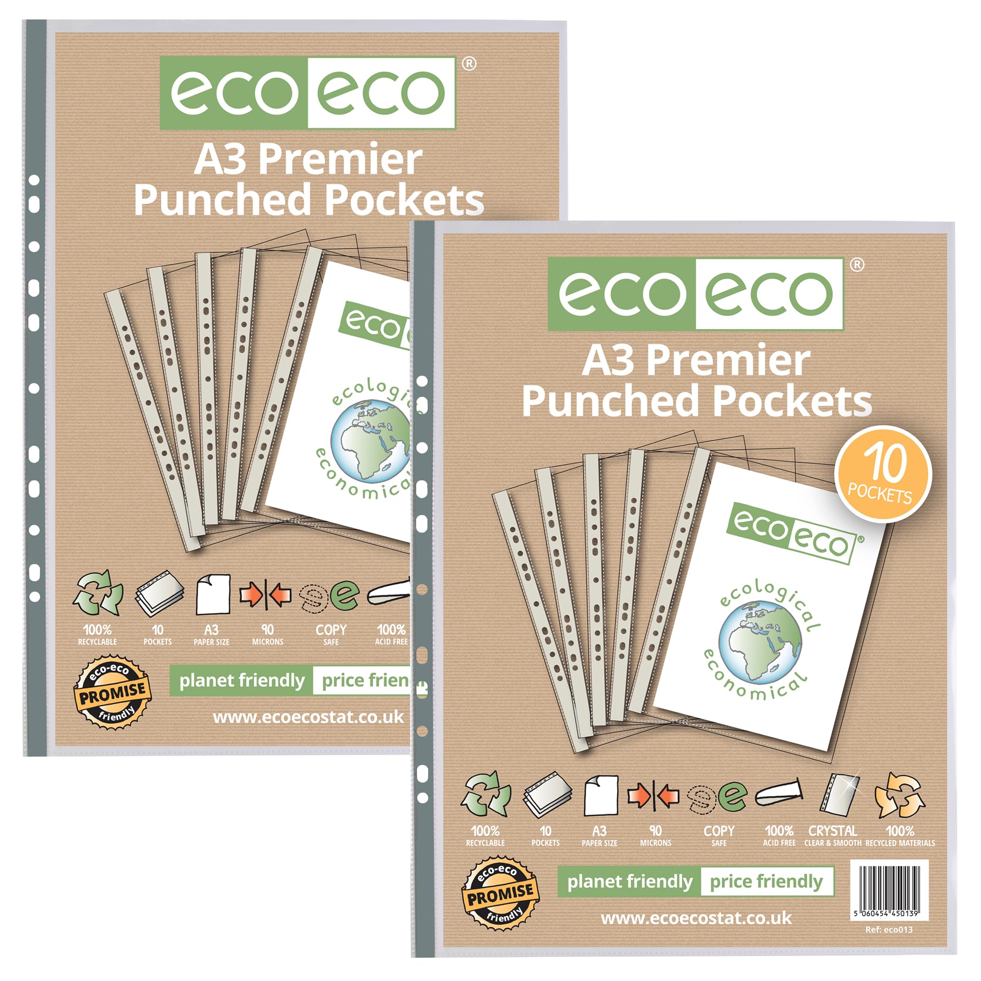eco-eco A3 Portrait 100% Recycled Premier Multi Punched Pockets Glass Clear, Transparent Poly Wallet Sheet Protector, 20 Wallets, 90 Microns (2 Pack of 10), eco013x2