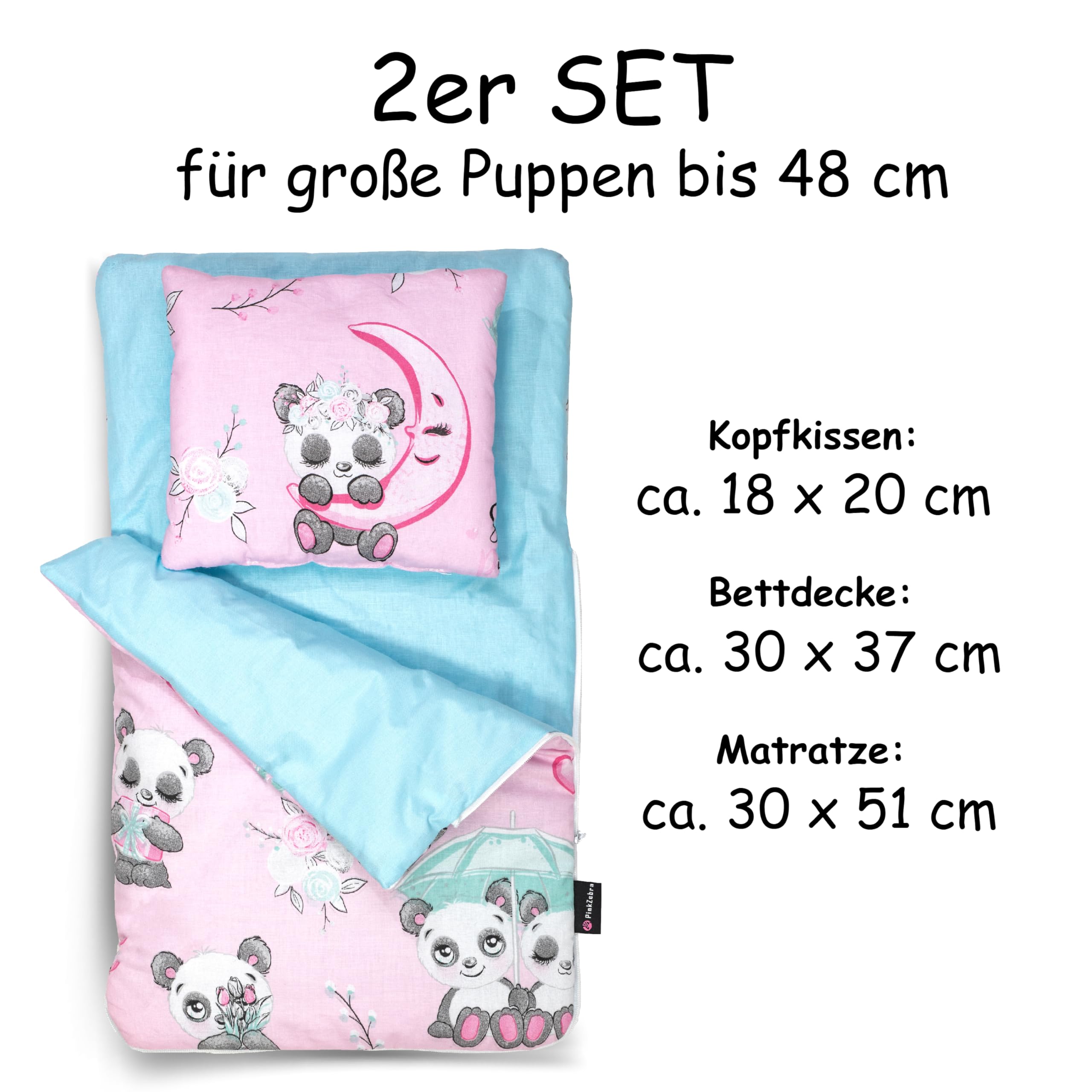 PinkZebra Klein Schlafsack beidseitig, 2-teiliges Set für kleines Bett, Bettzeug aus Baumwolle, Bettzeug mit Kissen für Mini Bett, Pandabär Rosa Spielzeug