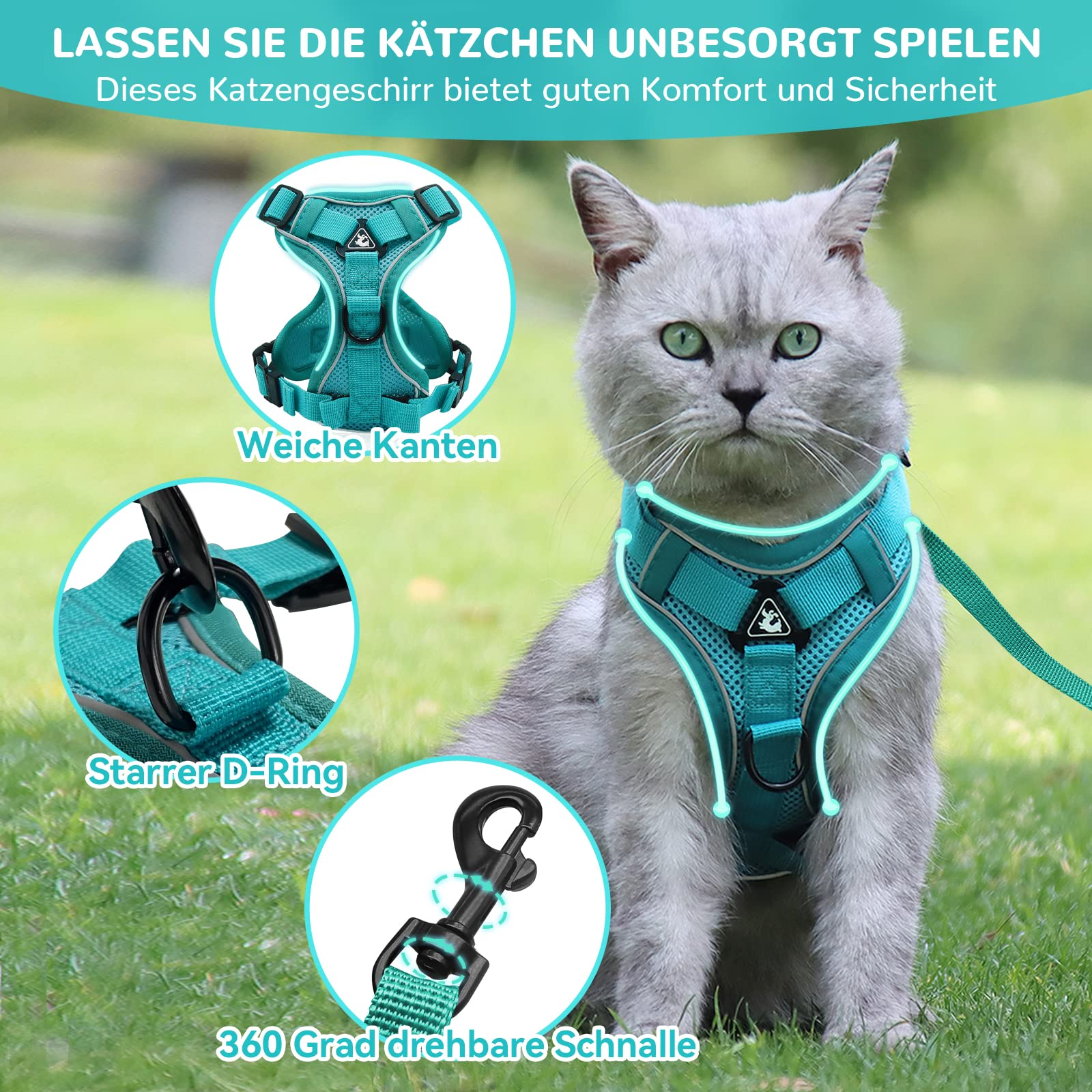 Arnés ajustable para gatos, antiescape, suave, con correa, para gatitos y perros (azul agua, L) — view 3