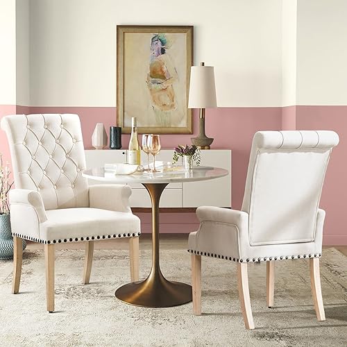 Miniatura 2 de Silla de comedor tapizada copetuda con brazos, respaldo alto, ribete de cabeza de clavo de tela con patas de madera maciza, silla para cocina, sala