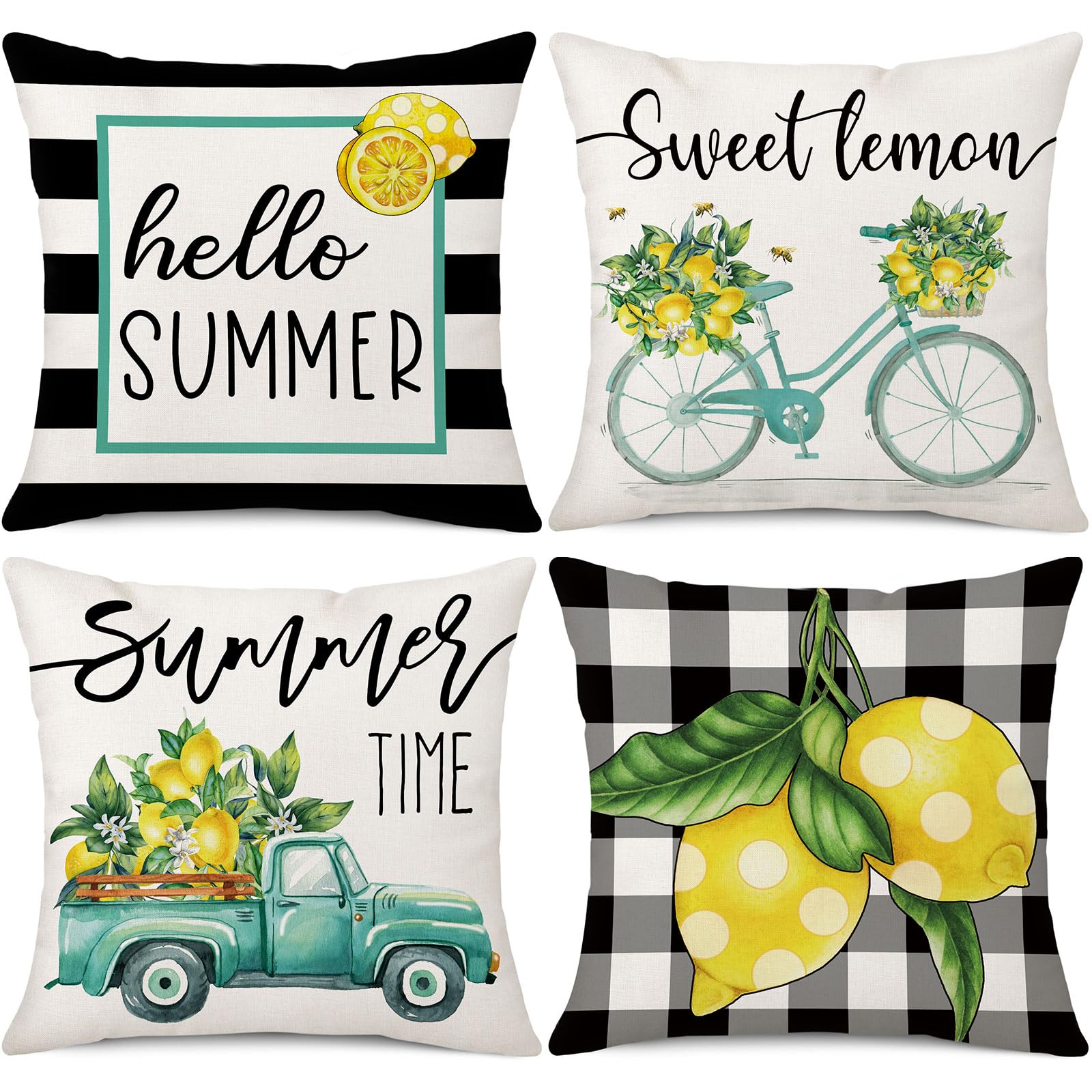 Gujiahone Summer Lemon Throw Pillow Covers 18 x 18 Set of 4 Stripes Hello Summer Buffalo Plaid Lemon Bicycle Truck Decorative Cushion Case for Sofa