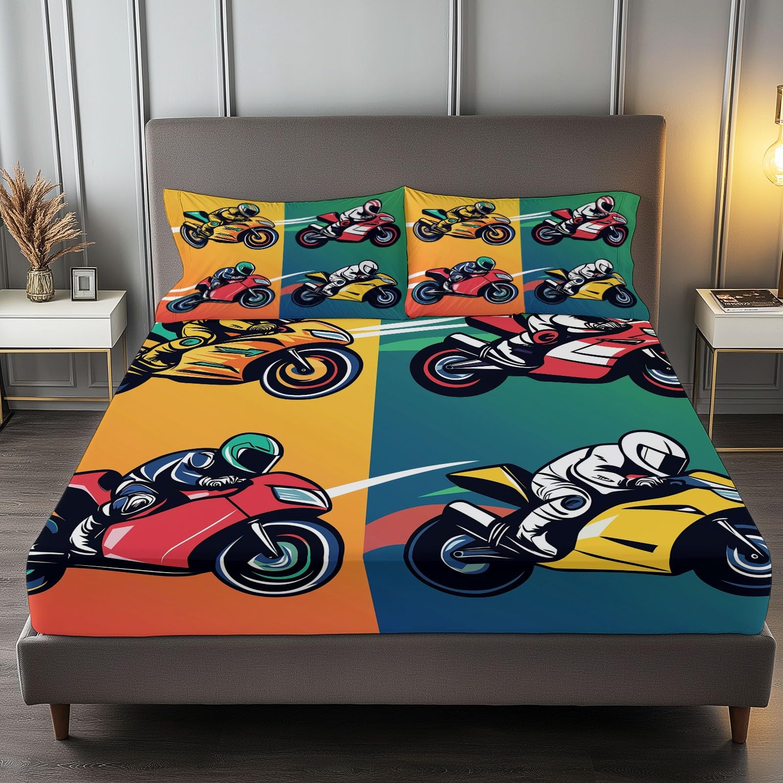 Fitted Sheet 150 × 200 cm, Deep Pocket (30 cm) - Cartoon Motorcycle Racer Bed Sheets Set - Yellow Microfiber Sheet - Anti-wrinkle, soft and comfortable - Suitable for adults & children