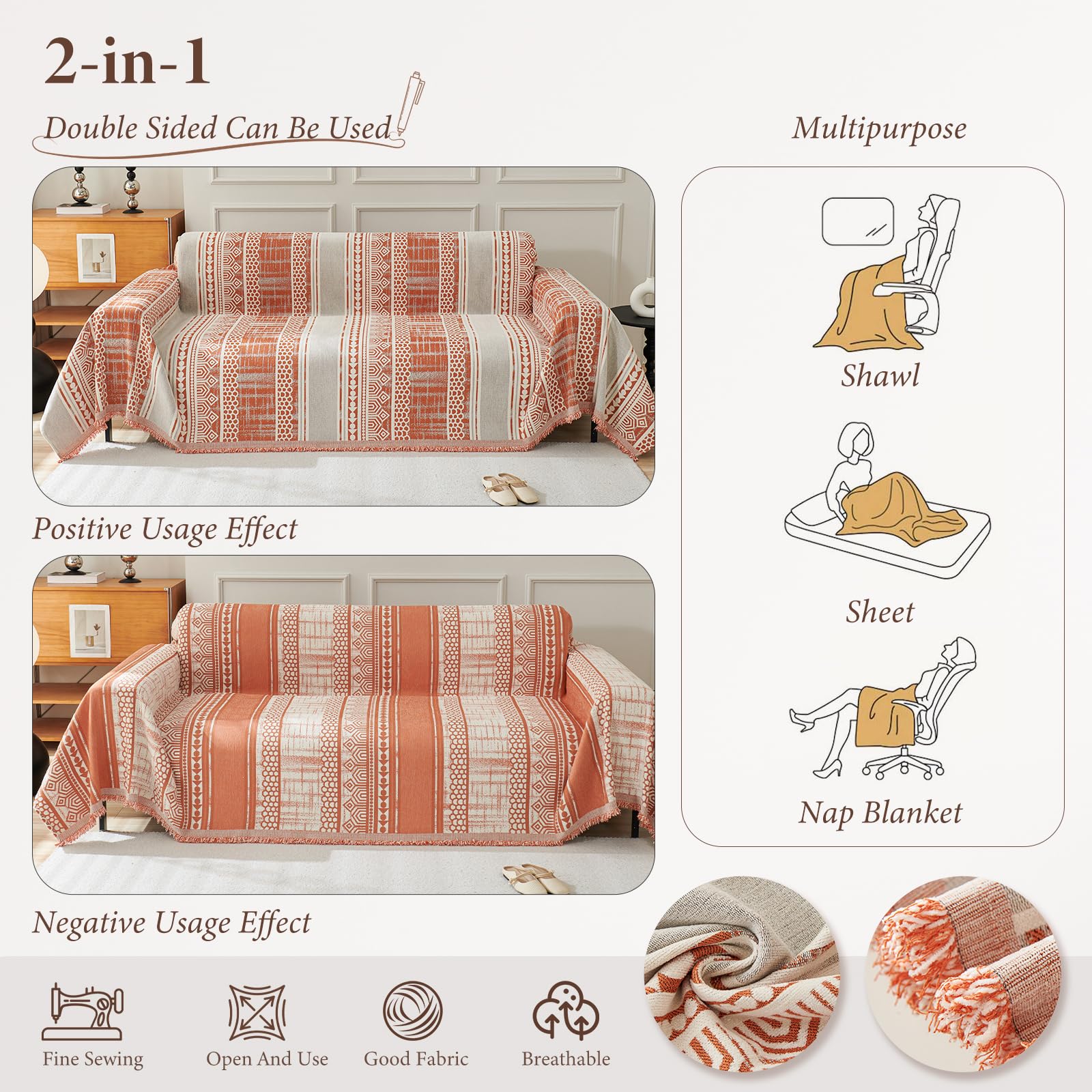 VanderHOME Sofa Throws 1 2 3 4 Seater Throws for Sofas Large Throws for Settees Boho Throw Reversible Woven Blanket Throw - Image 2