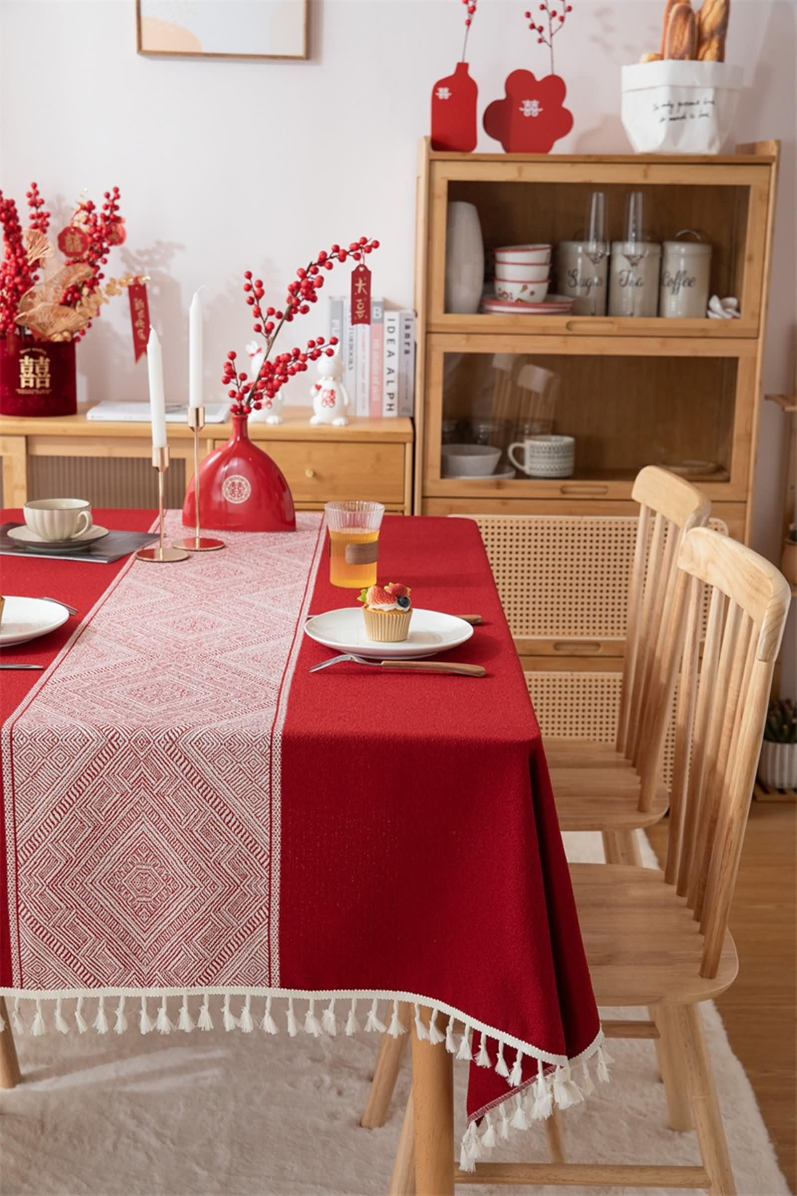Mantel Lavable Rectangular Rojo Mesa, Patrón de Geométrico con Borlas, de Poliéster Fácil de Limpiar, 140 x 220 cm, Mantel para Restaurante