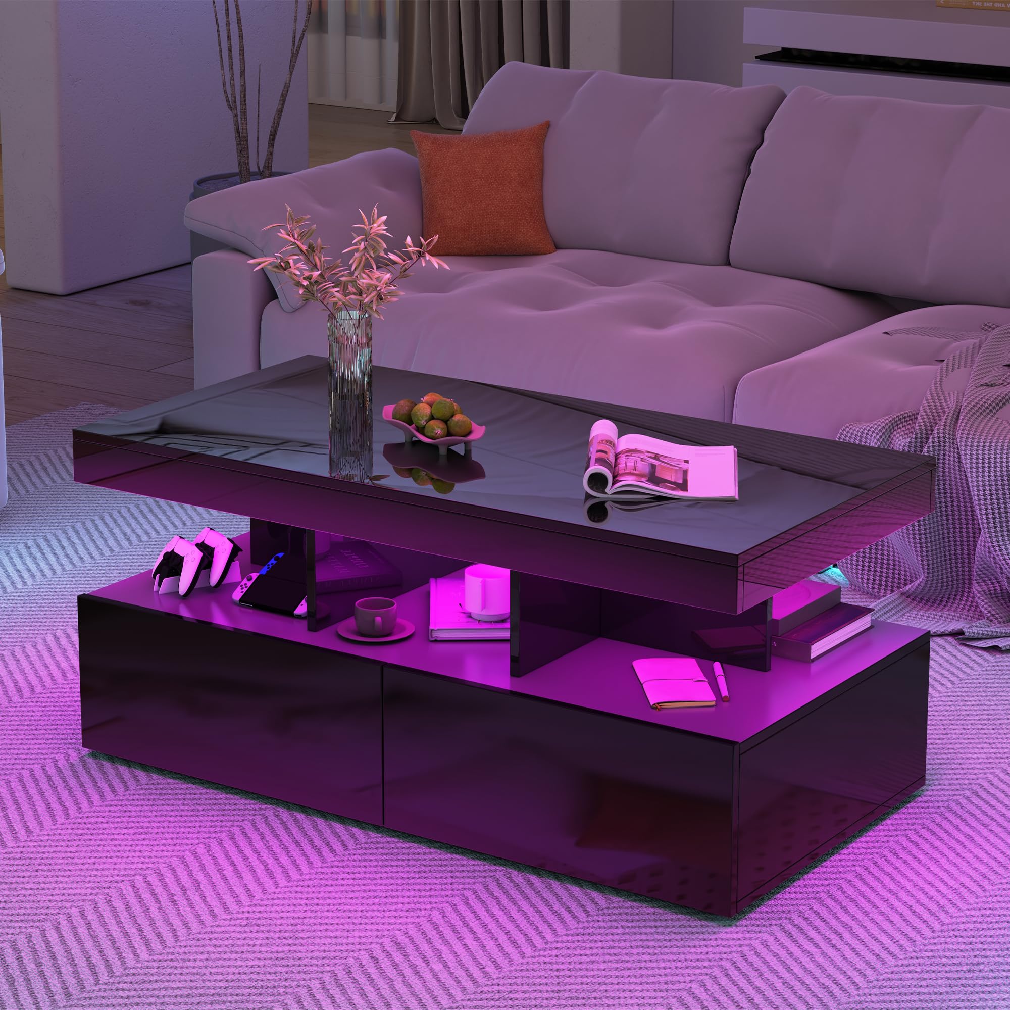 BRILVERDE mesa de centro de alto brillo, salón con LED de 16 colores y 2 cajones, sofá moderno con almacenamiento, auxiliar con 5 estantes (negro, 104 x 53 x 46 cm)
