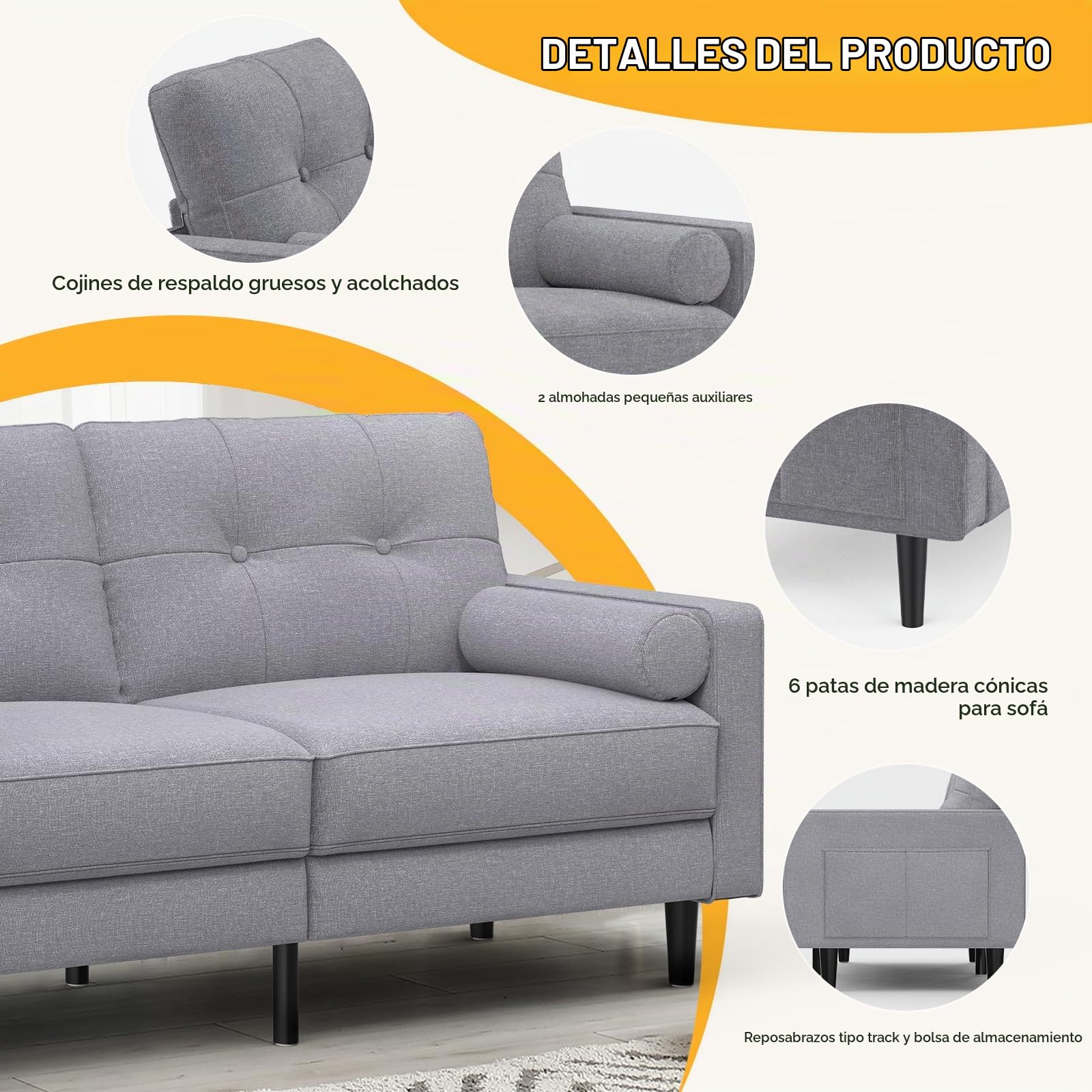Sofá 2 Plazas, Cojines Gruesos, 2 Bolsillos (Gris Ceniza) | Cómodo Sofá 2 Plazas de Lino con 2 Almohadas, Bolsillos Laterales, Diseño Ergonómico y Fácil Montaje para Salón y Oficina