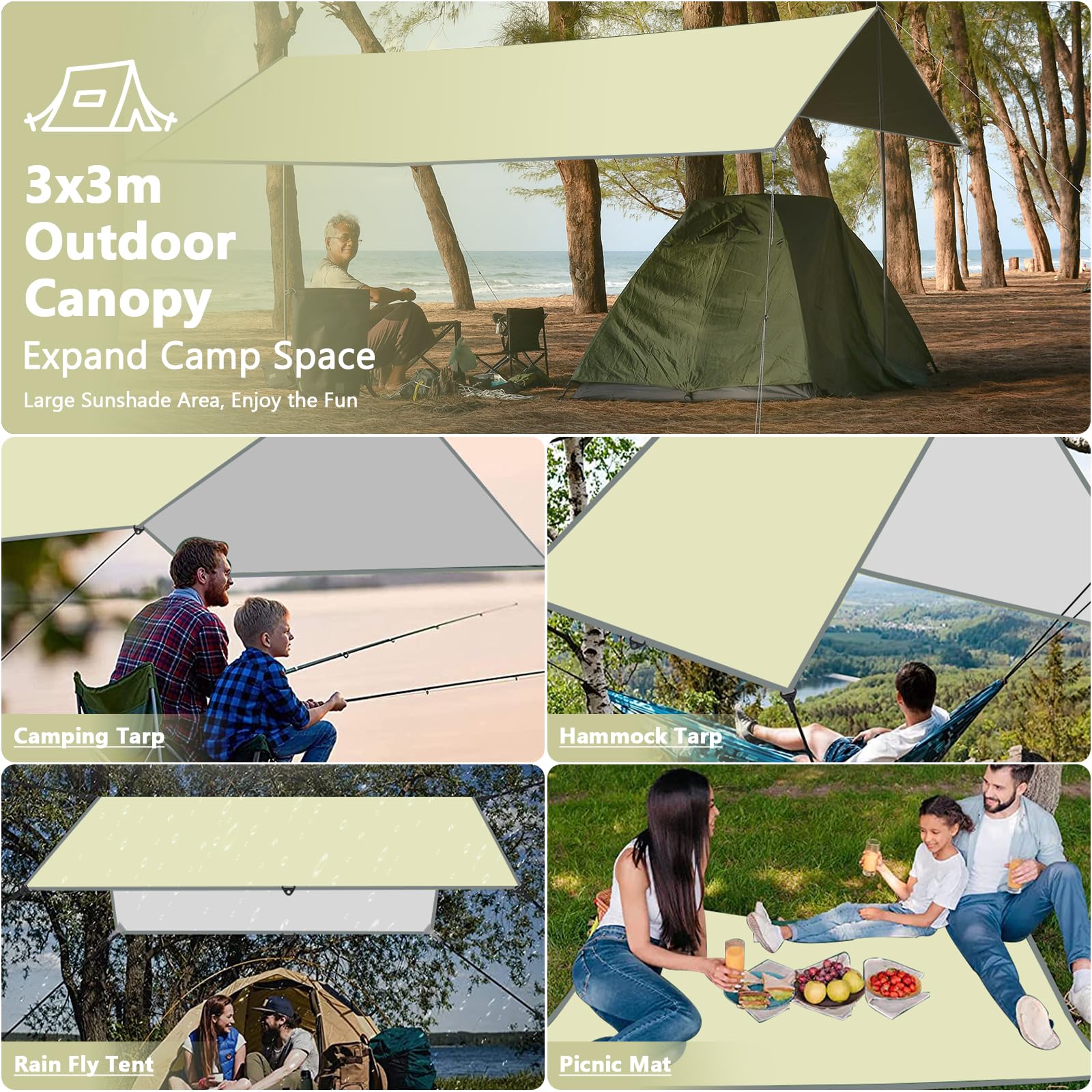 GUHAOOL Bâche Camping 3x3 M – Tarp Anti-UV, Imperméable PU 3000, 8 œillets, Kit Complet Piquets Alu + Cordes, Pour Hamac, Van, Rando
