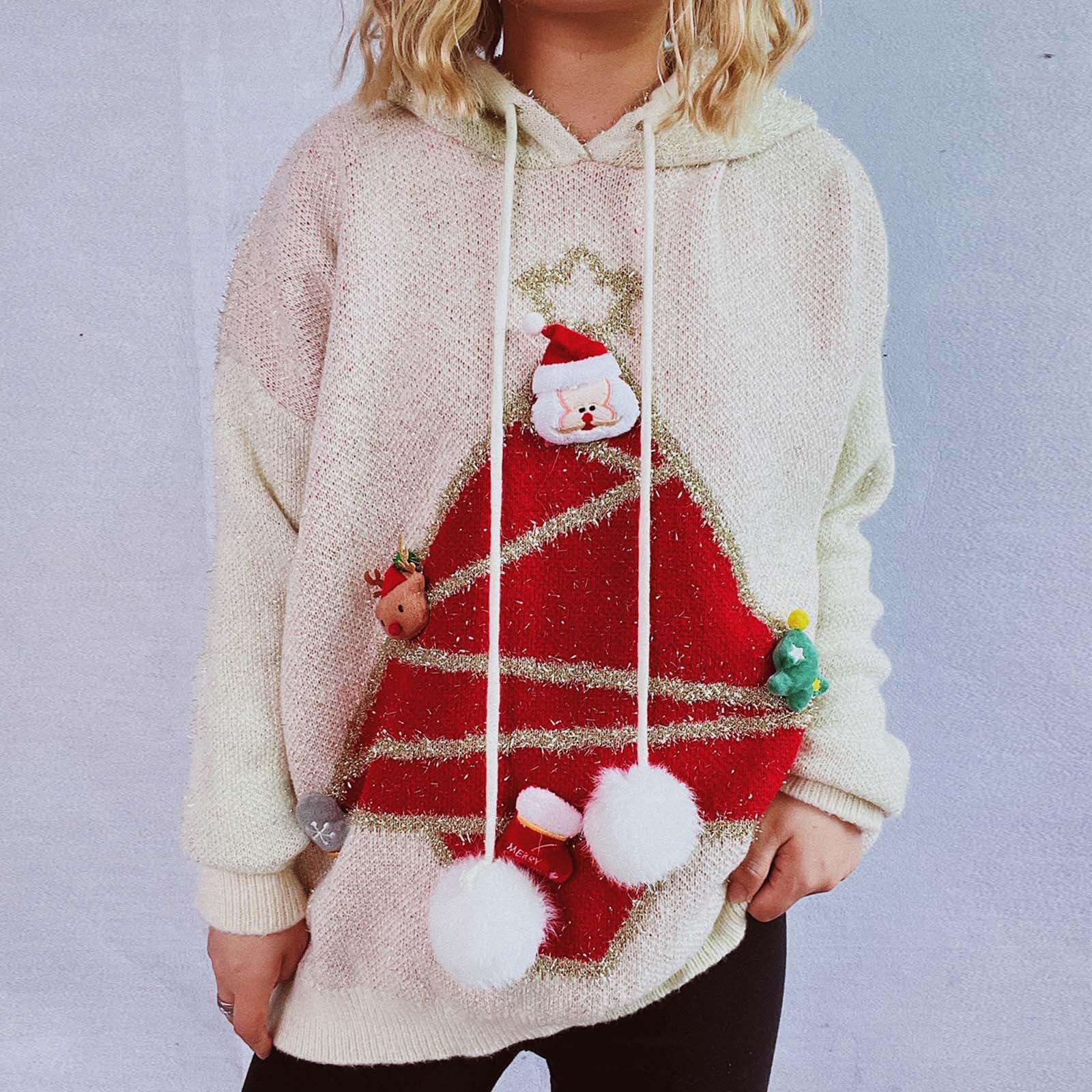 Ybing Sudadera con capucha de Navidad para mujer, con ojal navideño, bordado, sudadera con capucha Y2K, sudadera con capucha para invierno, suéter de Navidad, suelto, jersey de Navidad, jersey de