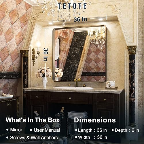 Miniatura 5 de TETOTE Espejo de baño de bronce, 36 x 36 pulgadas montado en la pared, cuadrado de bronce cepillado aceitado con marco de metal, moderno espejo de