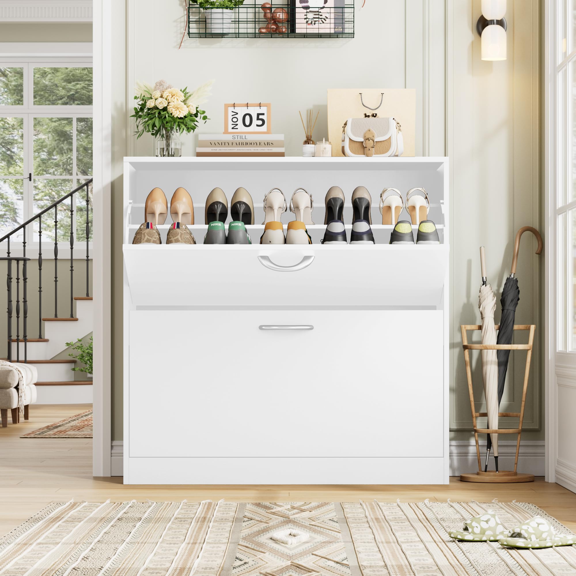 FirFurd Scarpiera Portascarpe,Scarpiera Slim Salvaspazio con 2 Ante a Ribalta,Divisore Regolabile e Rimovibile,per 12 Paia di Scarpe 80x23.5x80cm Bianco