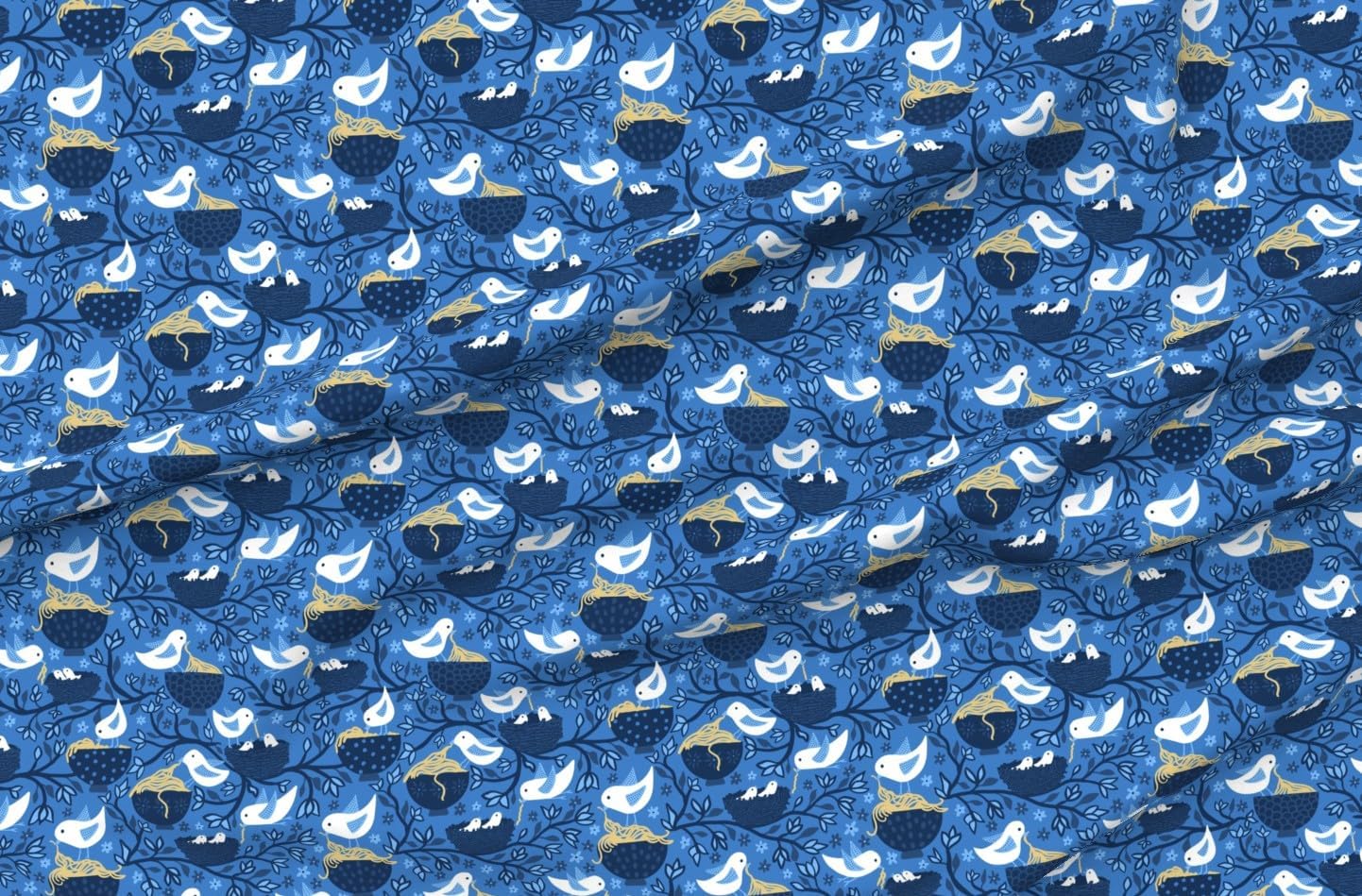 Spoonflower Fabric - Bird Noodles Blue Leaves Birds Spring Flying Printed on Minky Fabric by The Yard - Sewing Baby Blankets Quilt Backing Plush